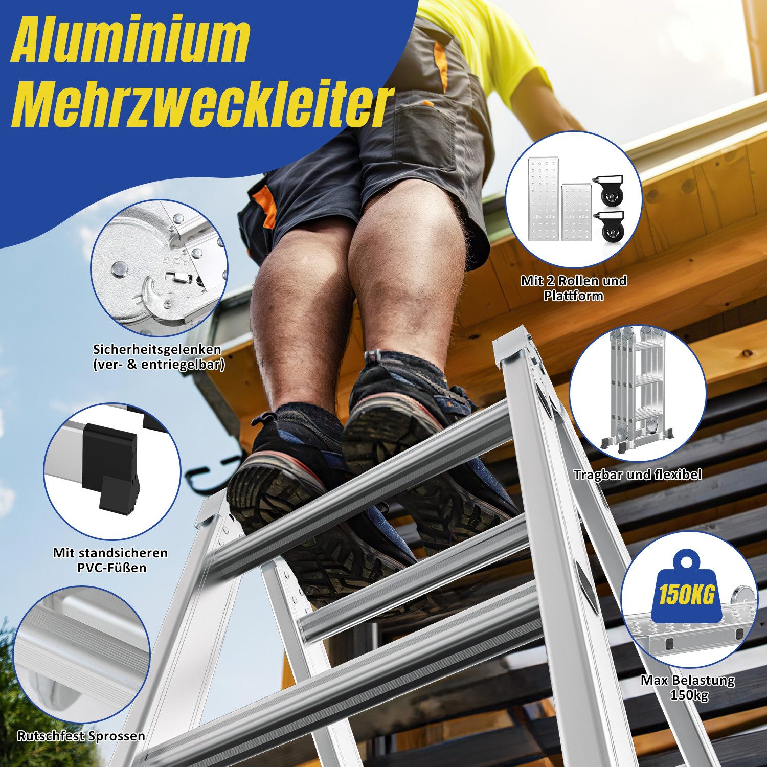 Clanmacy Vielzweckleiter 6 in 1 Multifunktionsleiter Gerüst 360cm Mehrzweckleiter Klappleiter – Bild 5 von 5