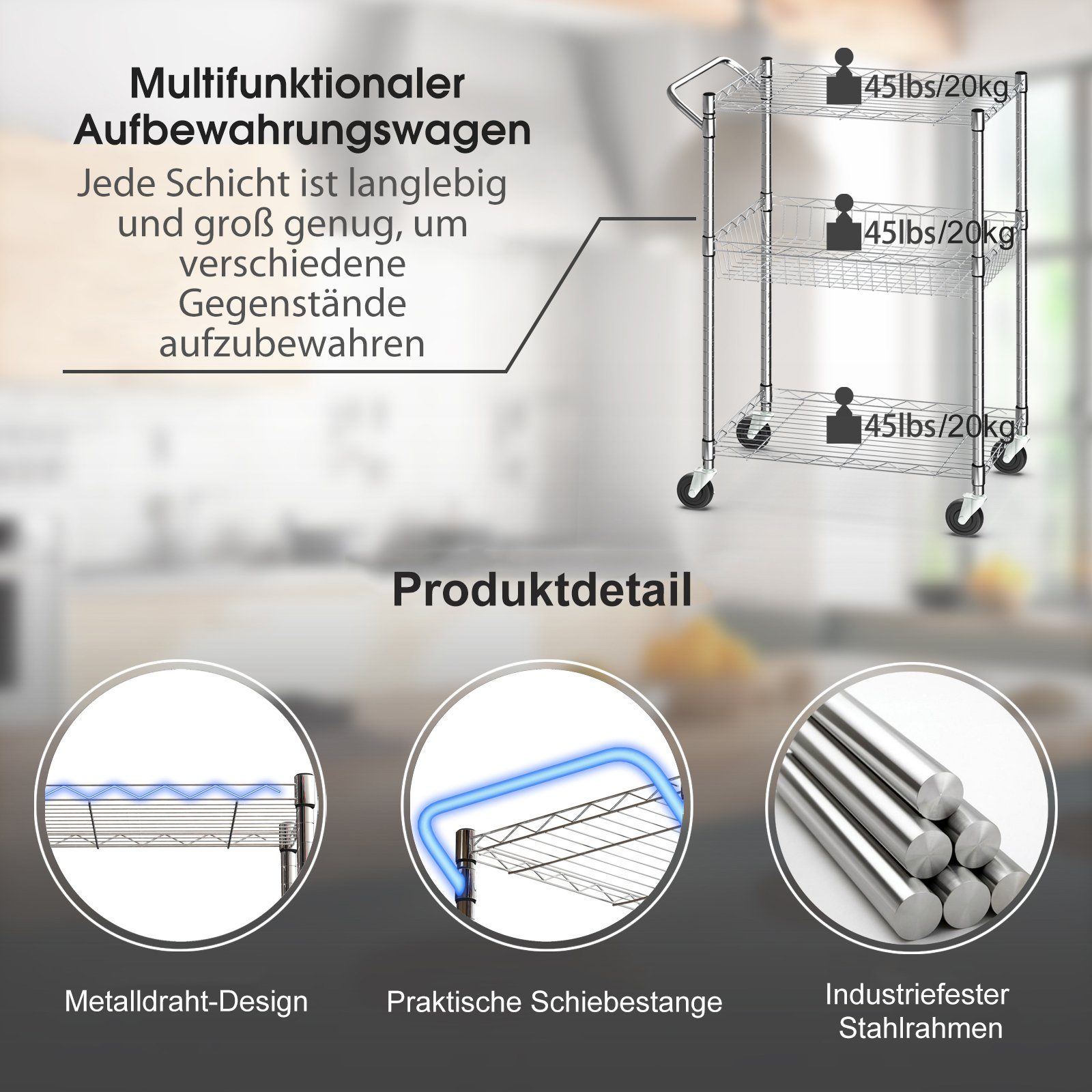 mit Küche Rollen, Griff Rollwagen, höhenverstellbar, 70x41x93cm & COSTWAY