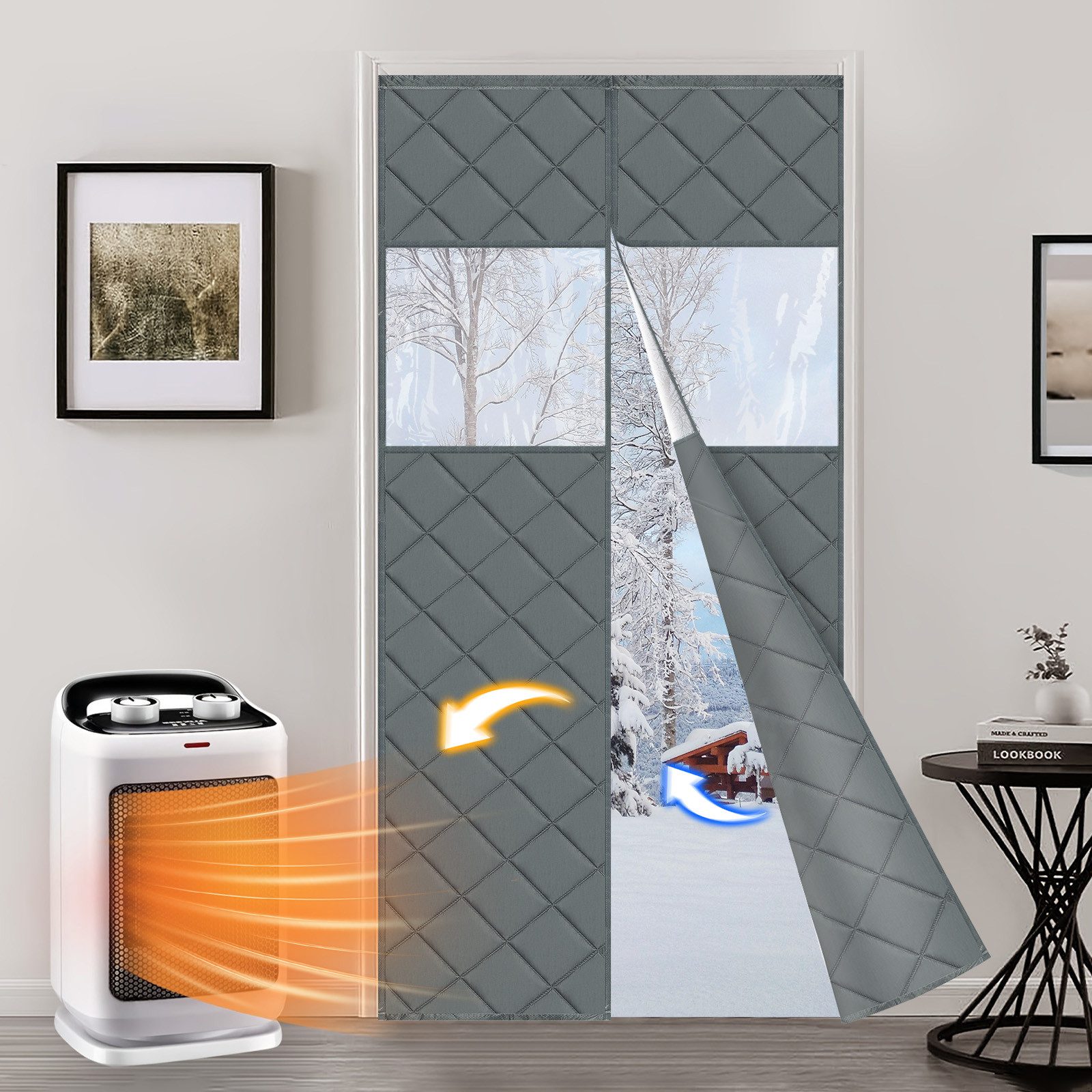 Jibenhome Türvorhang Gesteppter Magnetisch Türvorhang 89x218 cm mit Fenster, Kältebeständig, Selbstklebend