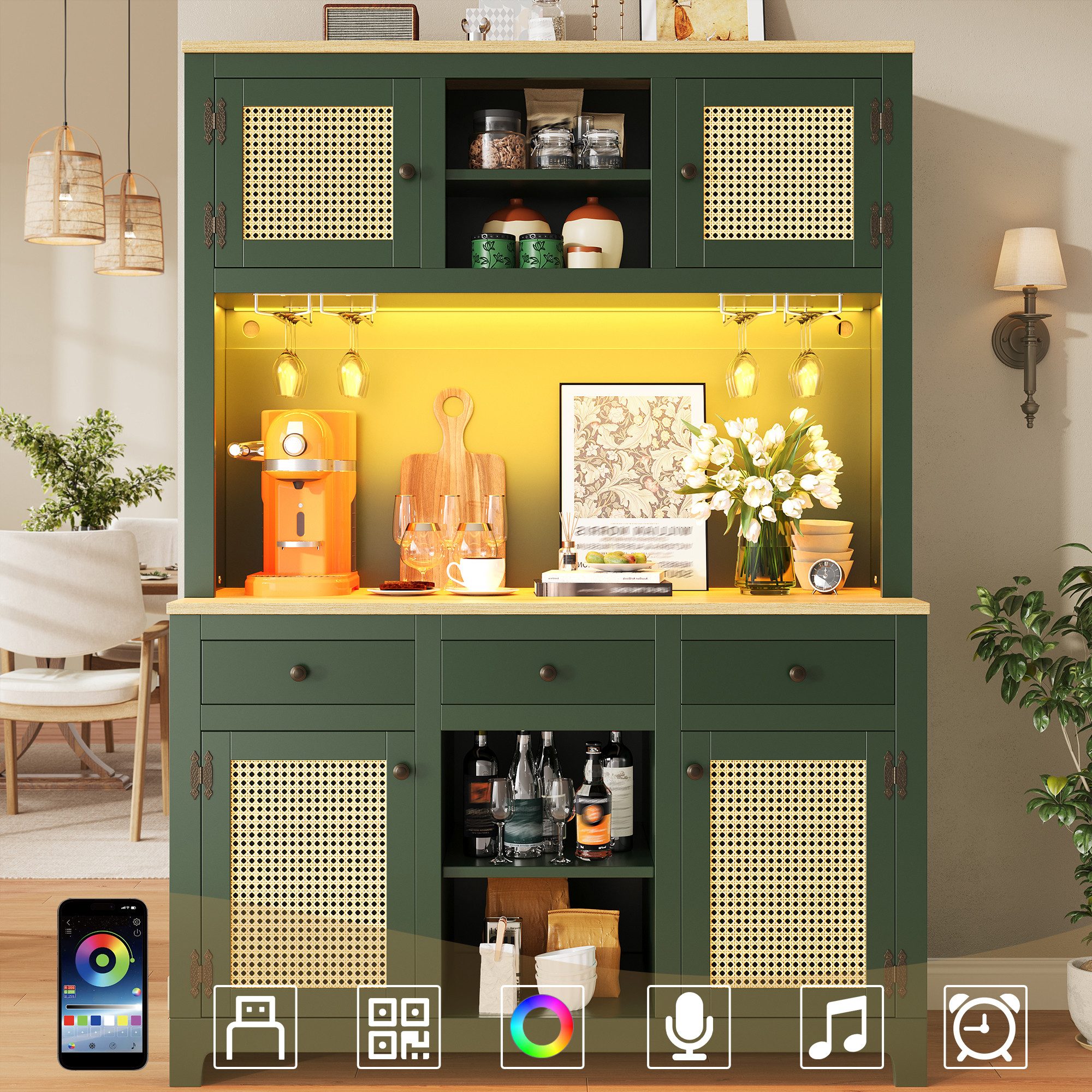 MODFU Hochschrank für Küche und Wohnzimmer (PE-Rattan Schrank mit Kippsicherung, verstellbaren Böden & Schubladen – Vintage Stauraumschrank für Küche, Wohn- & Esszimmer, 1-St., 120×40×180cm)