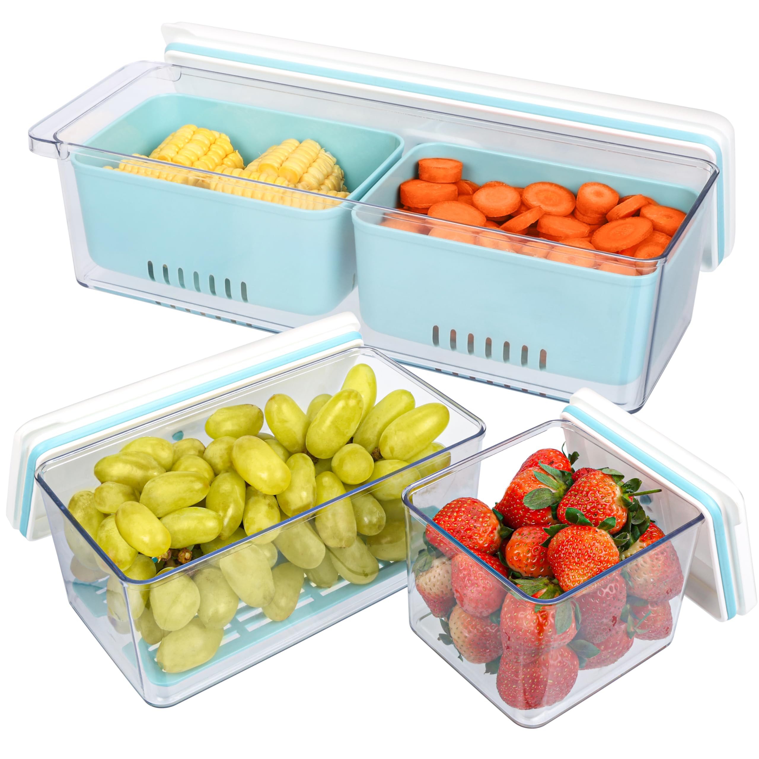 Belle Vous Aufbewahrungsbox BELLE VOUS Gemüsebox 3er-Pack stapelbar mit Deckel und Abtropfkorb (3 St)