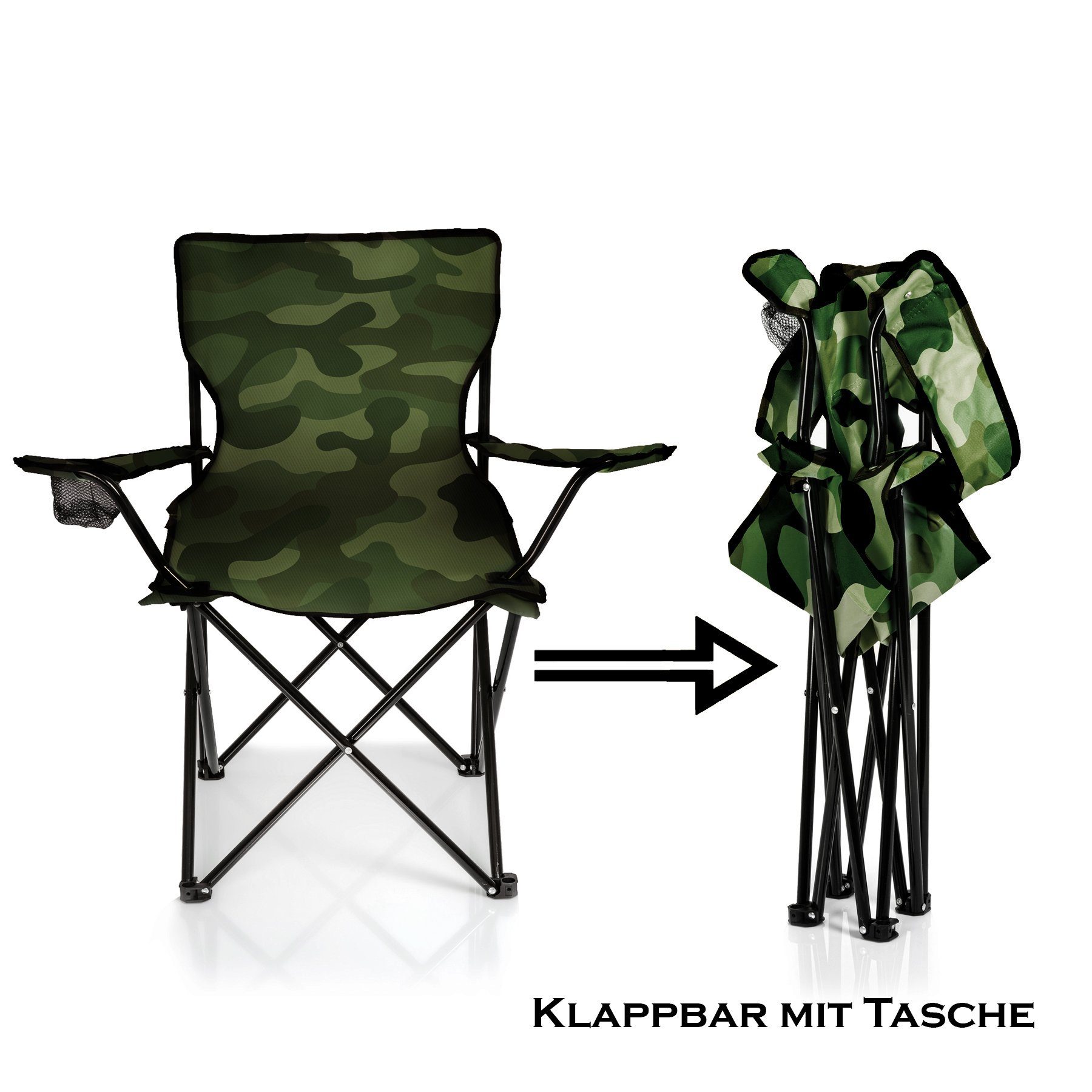 BigDean Campingstuhl Faltstuhl Campingstuhl Anglerstuhl Getränkehalter Klappstuhl (Packung, 1 St), Tarnmuster, Camouflage, Camo, Klappbar, Getränkehalter, Tragetasche