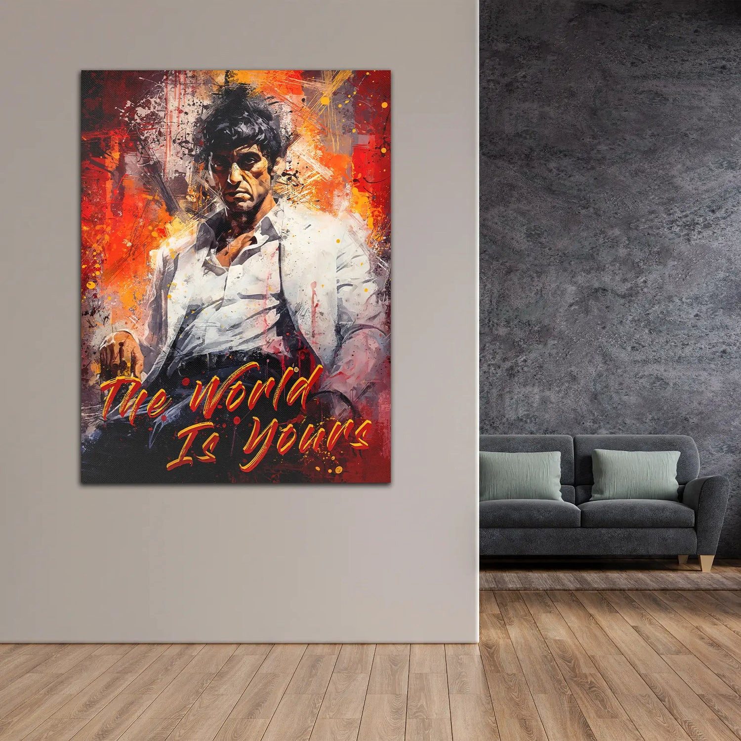 Artedinoi Leinwandbild Abstrakt Scarface The World Leinwandbild Wandbild Kunstdruck XL Wandde, Gangster mit Weltkugel-Motiv