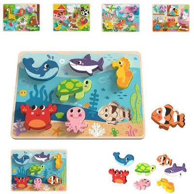 Tooky Toy Steckpuzzle 3D Kinder Holz-Puzzle Tiere, 8 Puzzleteile, 8-teiliges Steckpuzzle, ab 12 Monaten