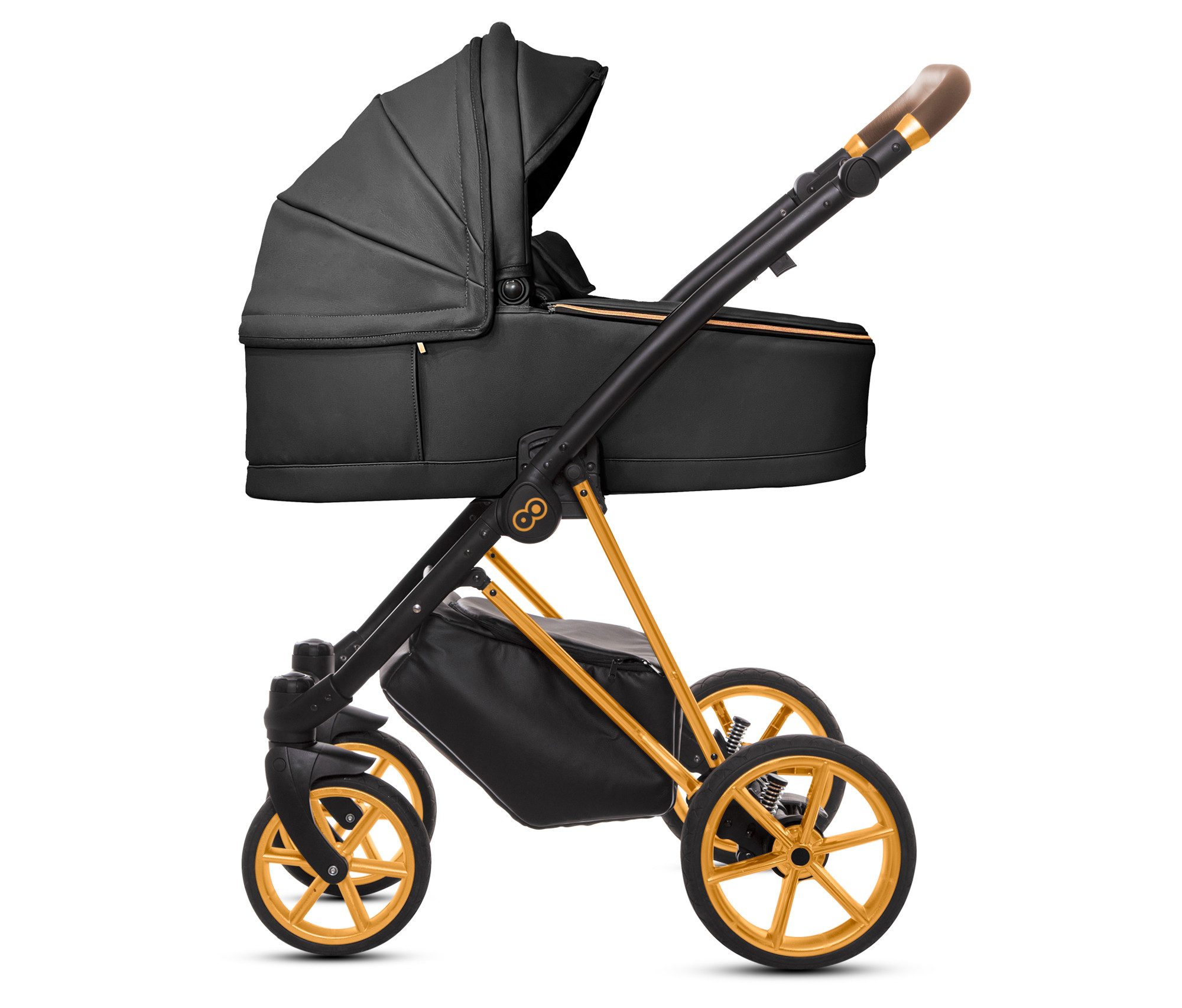 TPFFamily Kombi-Kinderwagen 2in1 Musse Royal, Baby Buggy Babywanne 5-Punkt-Sicherheitsgurt, Zubehör-Set Kinderwagen 2 in 1 Kunstleder Schwarz, Gestell Gold