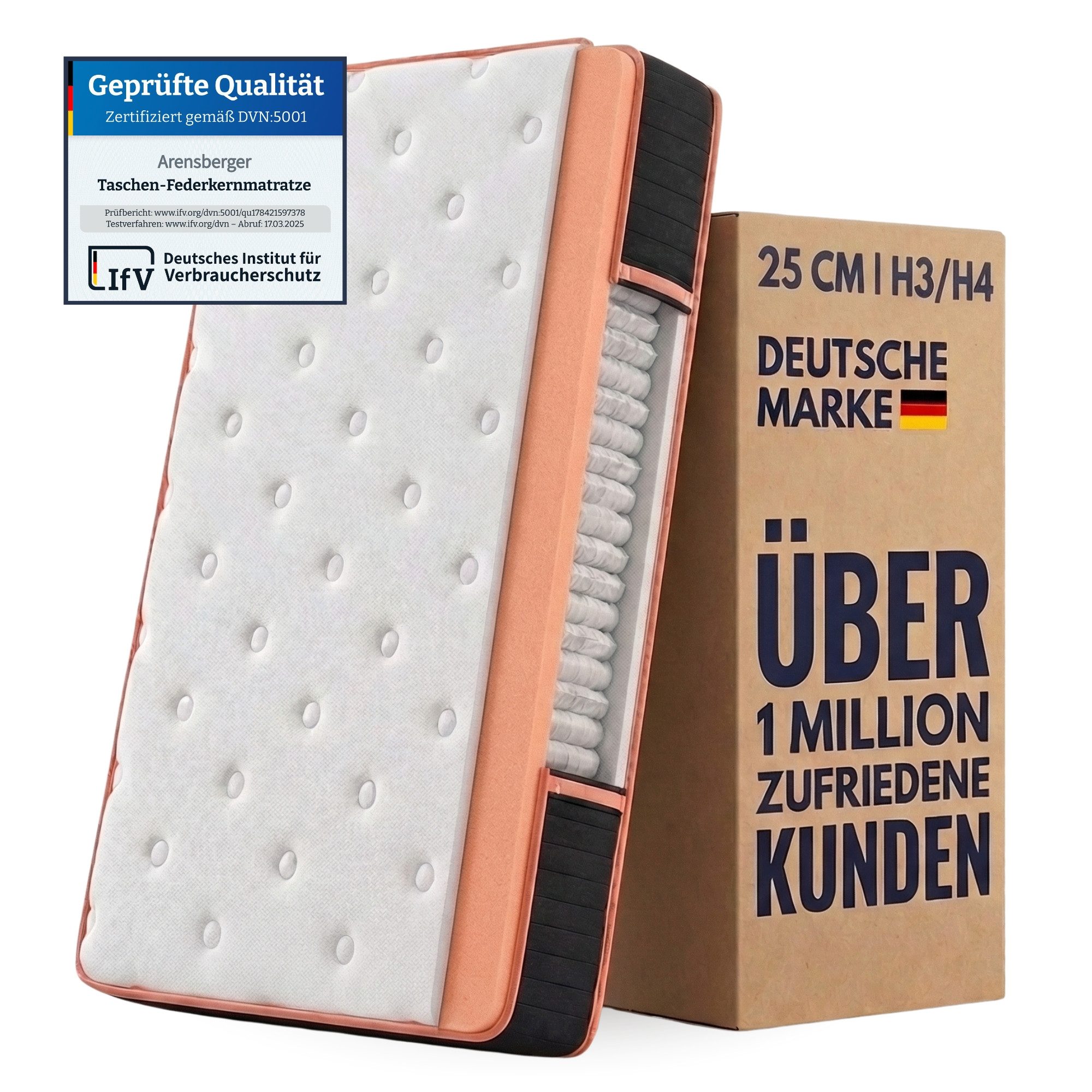 Taschenfederkernmatratze Matratze KUPFER, 25cm hoch, Taschen Federkernmatratze H3 H4Premium, Arensberger, 25 cm hoch, (90x200 cm), Taschenfederkernmatratze mit Kupferschaum, integr. Topper 90x200cm