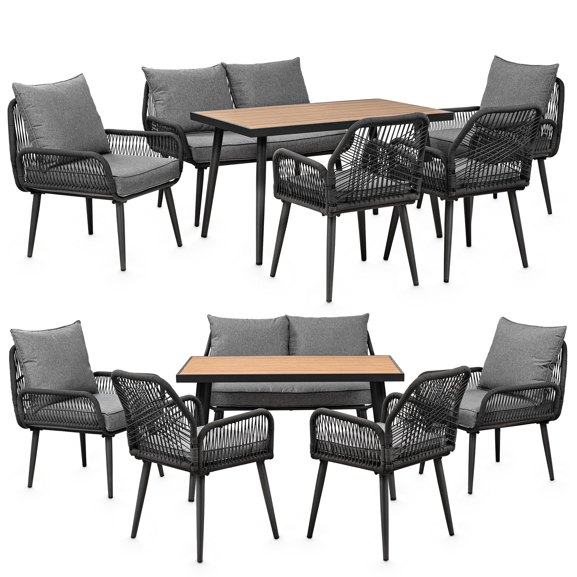 Swing&Harmonie Gartenlounge-Set für 4-6 Personen mit Tisch, Sofa, Стулья, (wetterfest, WPC-Tischplatte, Seilgeflecht Lounge, inkl. Kissen Sienna Garten Sitzgruppe)