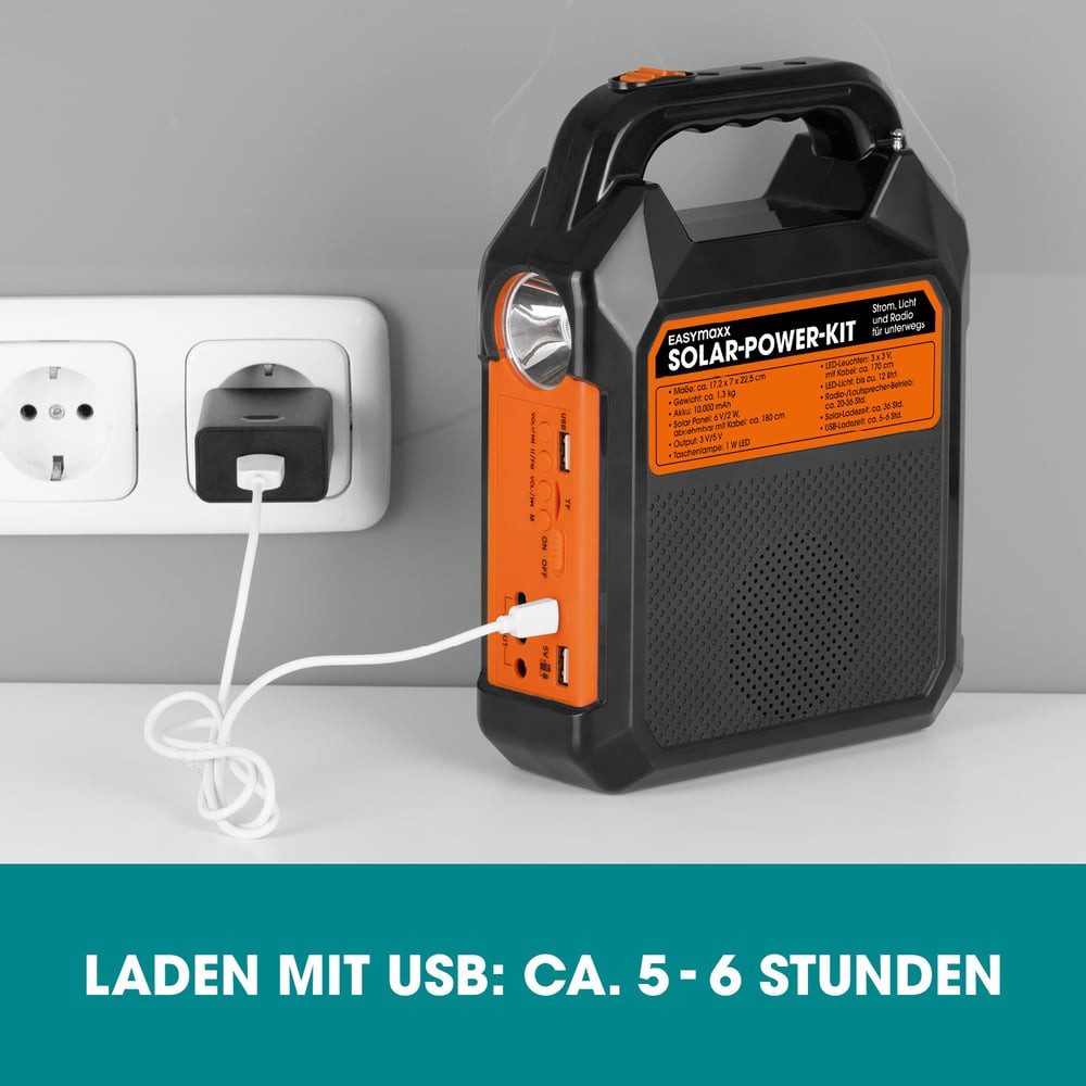 EASYmaxx Stromgenerator Solar-Generator Kit 10000mAh - schwarz/orange, (1-tlg), Solar-Power-Kit Strom, Licht und Radio für unterwegs
