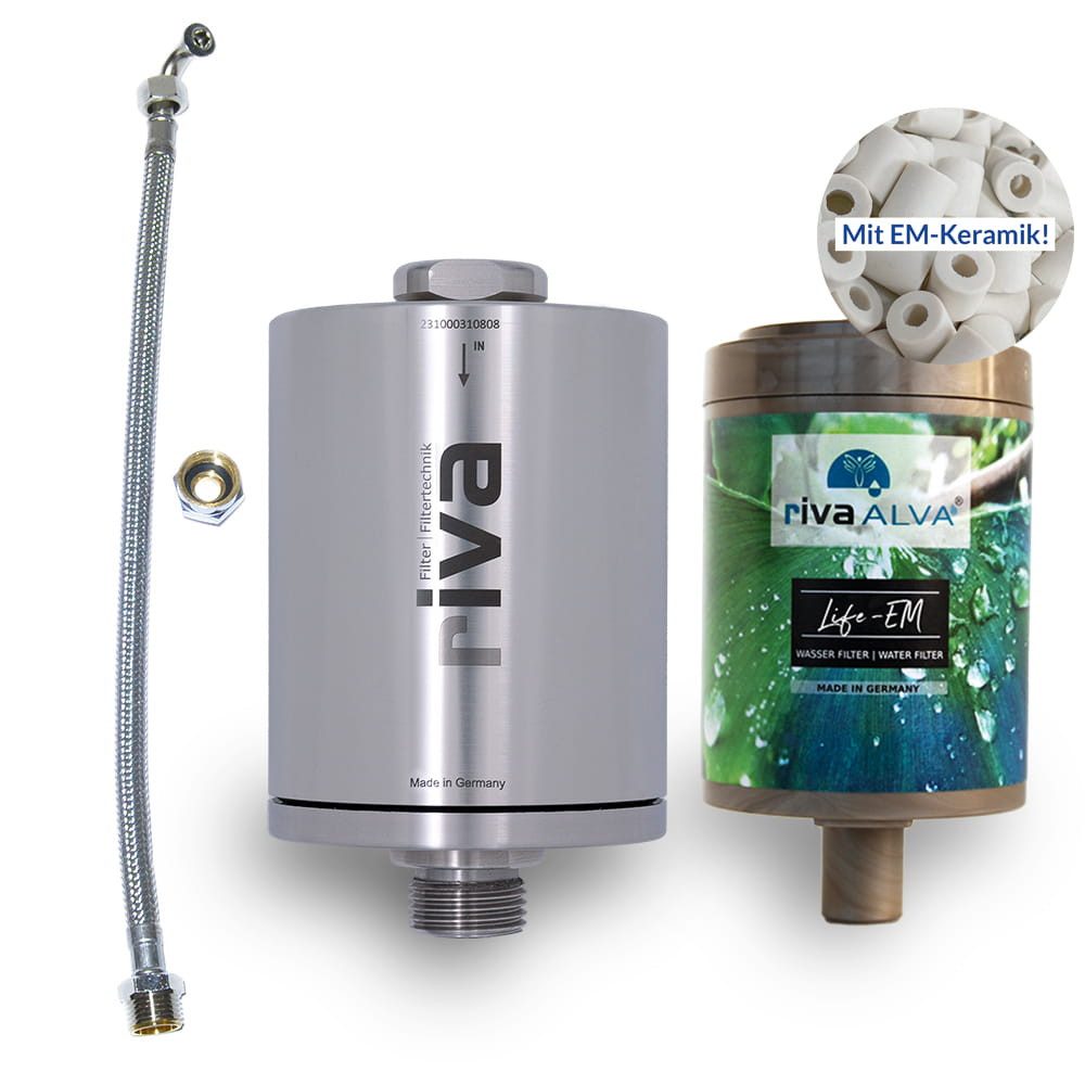 riva Wasserfiltertechnik Wasserhahn-Wasserfilter rivaALVA Life EM Untertisch-Trinkwasserfilter mit Edelstahlgehäuse (1 St), inkl. Schlauchanschluss-Set, Blockaktivkohle mit EM-Keramik