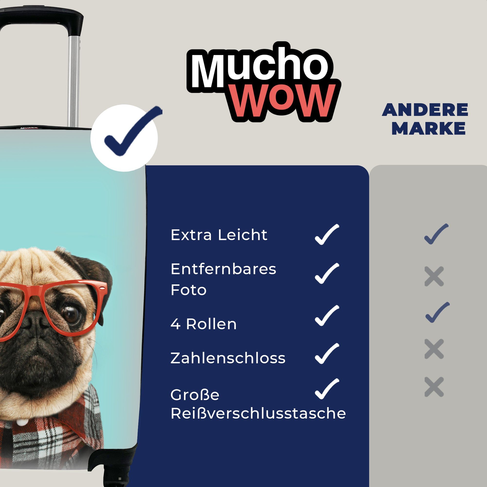 MuchoWow Handgepäckkoffer Hund - Hipster - Rollen, rollen, mit Bluse, - 4 Trolley, Handgepäck für Brille Reisetasche Ferien, Reisekoffer