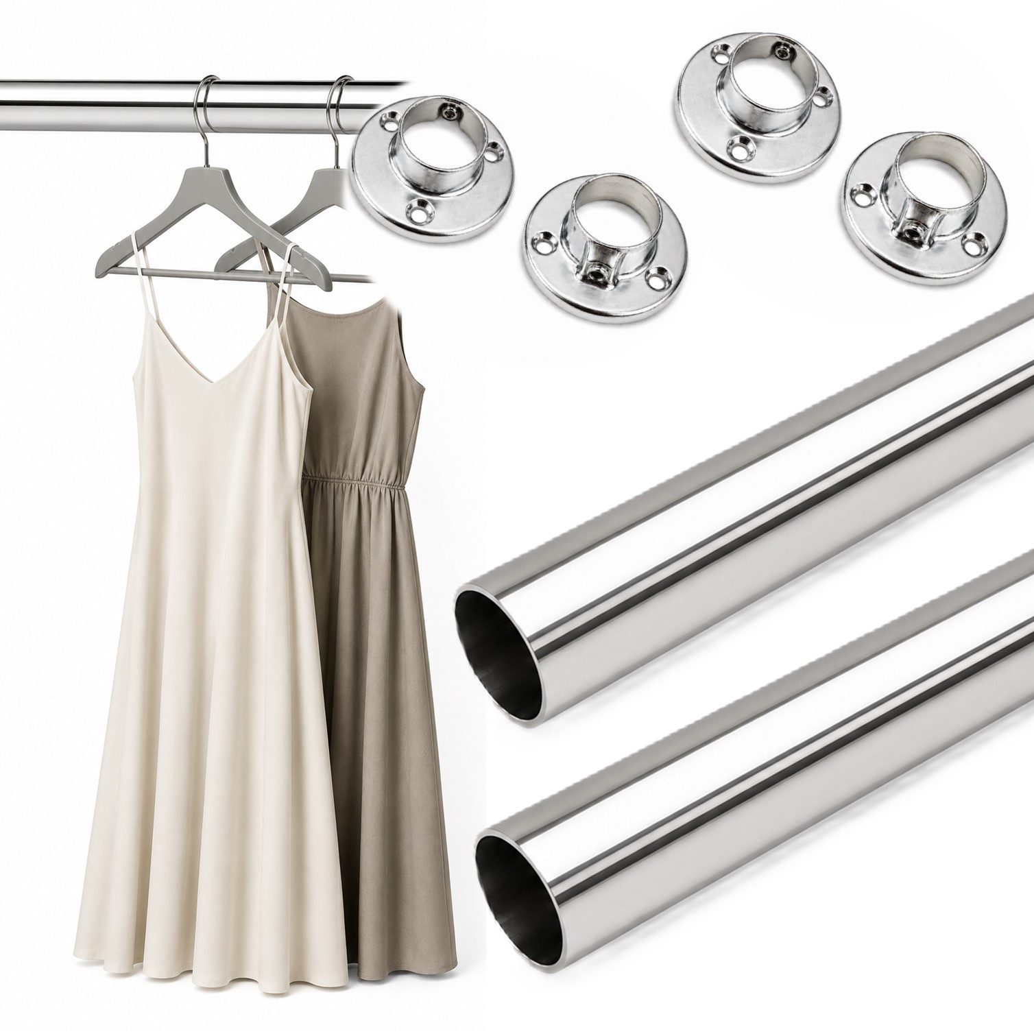 HOOZ Kleiderstange Schrankrohr Rund Ø 24 mm Stahl inkl. Halter Silber 1er Set 80cm (Set, 2 St., 2 Garderobenstange inkl. 4 Halter), Innensechskant-Madenschraube zur sicheren Rohrfixierung