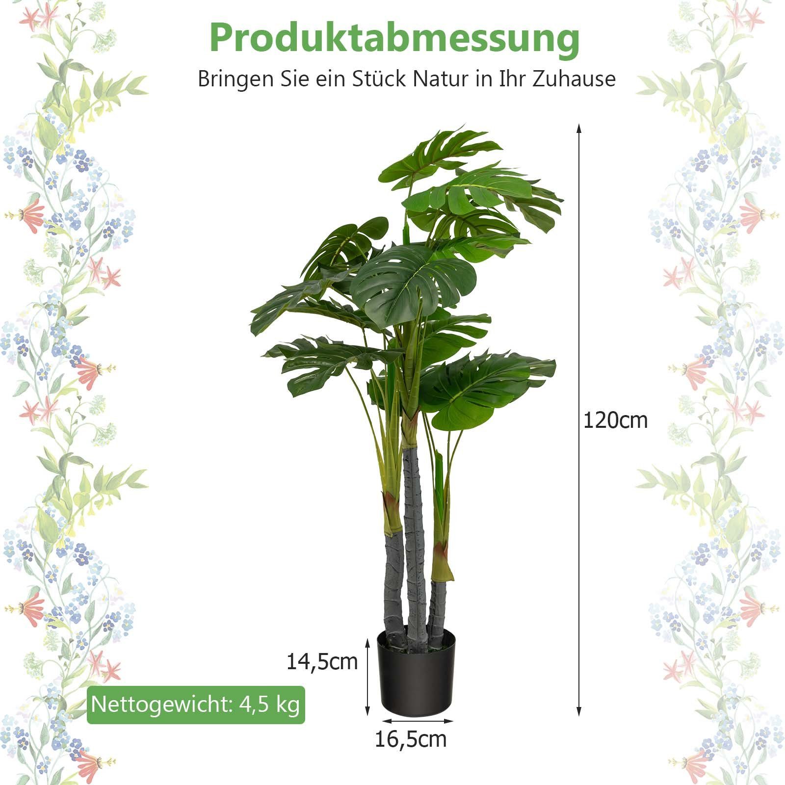 Kunststoff-Topf, cm, Höhe COSTWAY, Kunstpflanze, Blättern, grün 120 mit 20