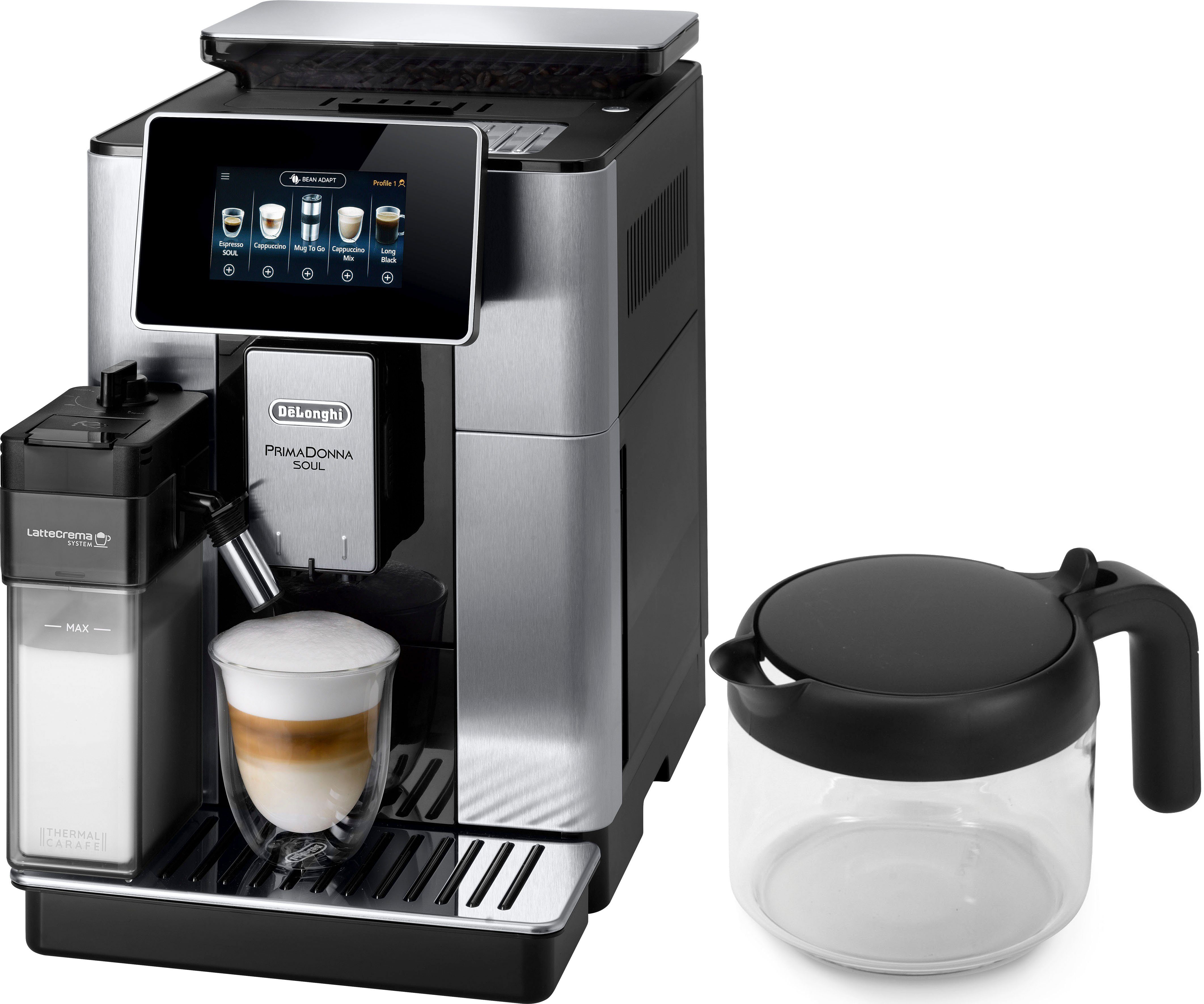 De'Longhi Kaffeevollautomat PrimaDonna Soul ECAM610.75.MB - Mit Kaffeekannen-Funktion, Inkl. Kaffeekanne, Bean Adapt Technology, Edelstahl, Scheibenmahlwerk