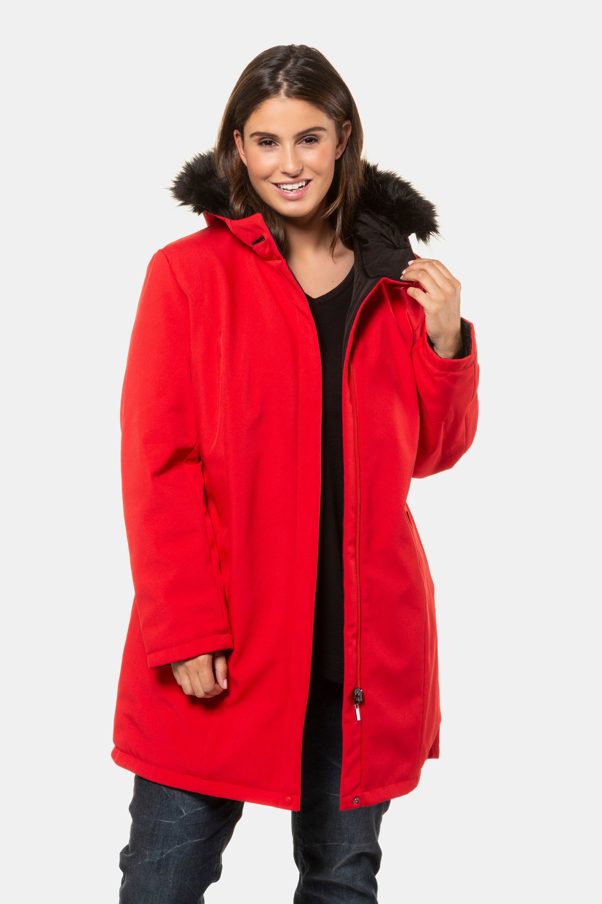 Ulla Popken Outdoorjacke Wendejacke rot/schwarz Kapuze Fake-Fur abnehmbar