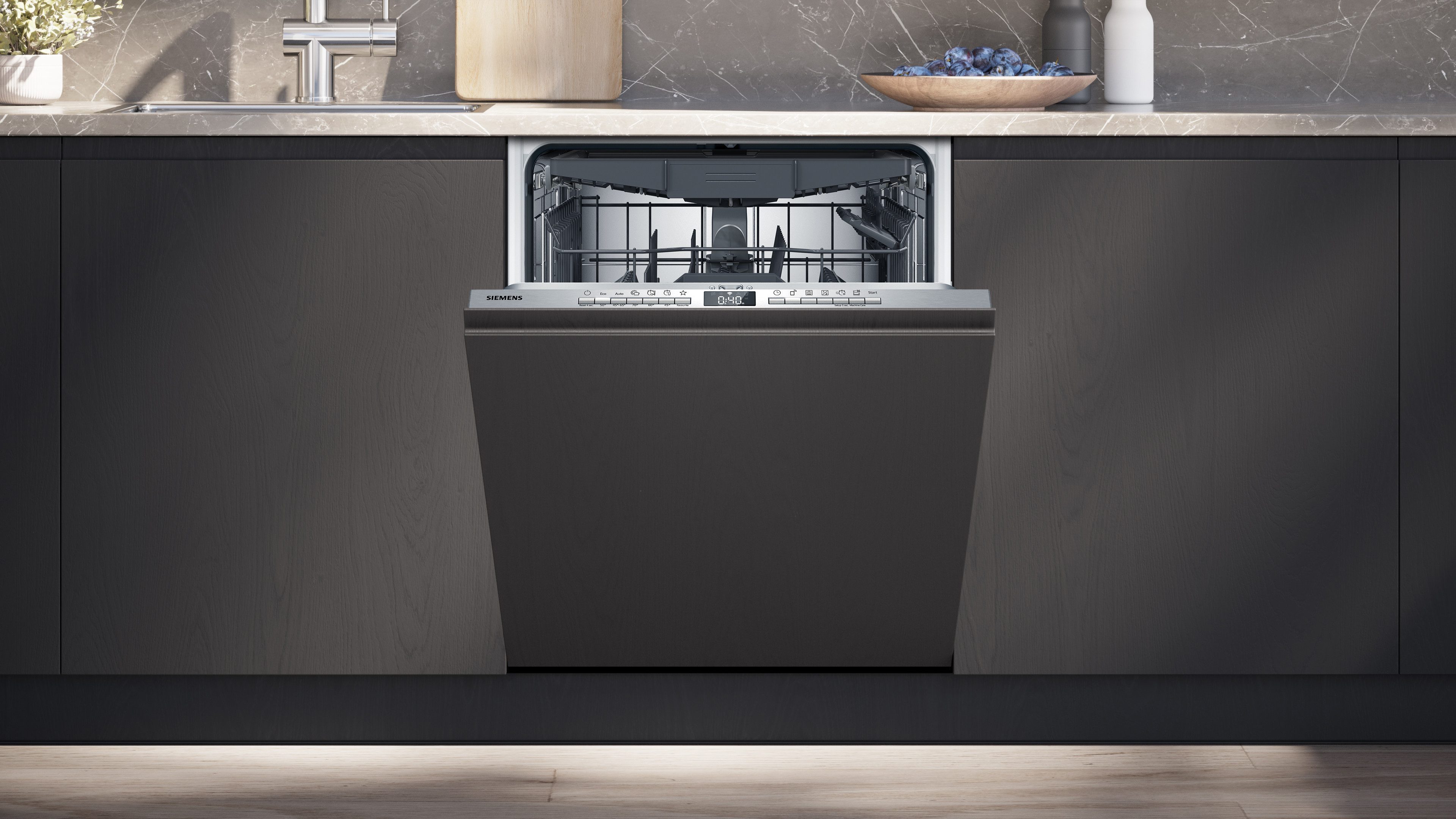 SIEMENS vollintegrierbarer Geschirrspüler iQ300 SN63EX22CE, 14 Maßgedecke, Made in Germany, Automatische Türöffnung fü, flexible Körbe