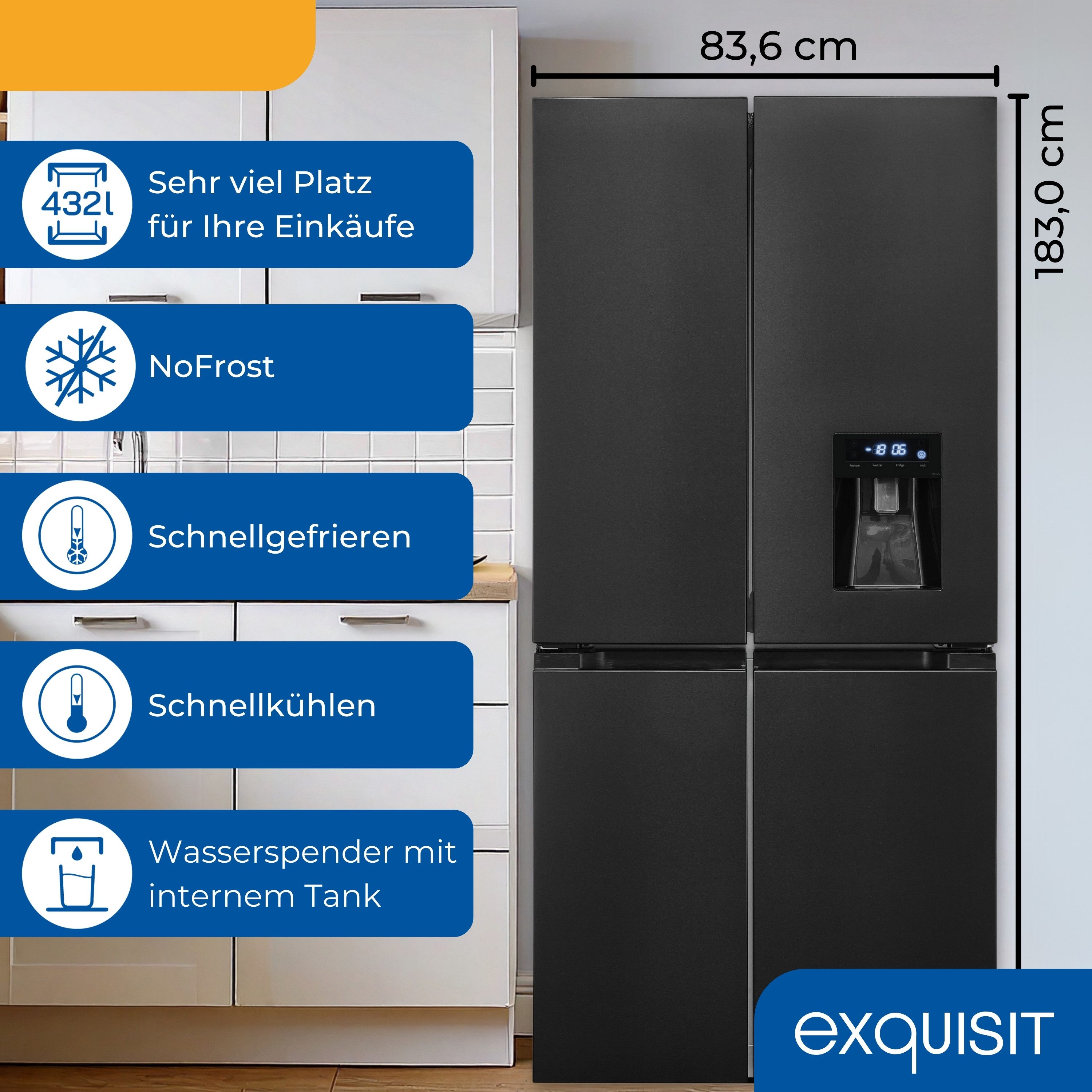 exquisit Multi Door MD430-100-WS-202E inoxlook-az MD430-100-WS-202E inoxlook-az, 183 cm hoch, 83,6 cm breit – Bild 4 von 5
