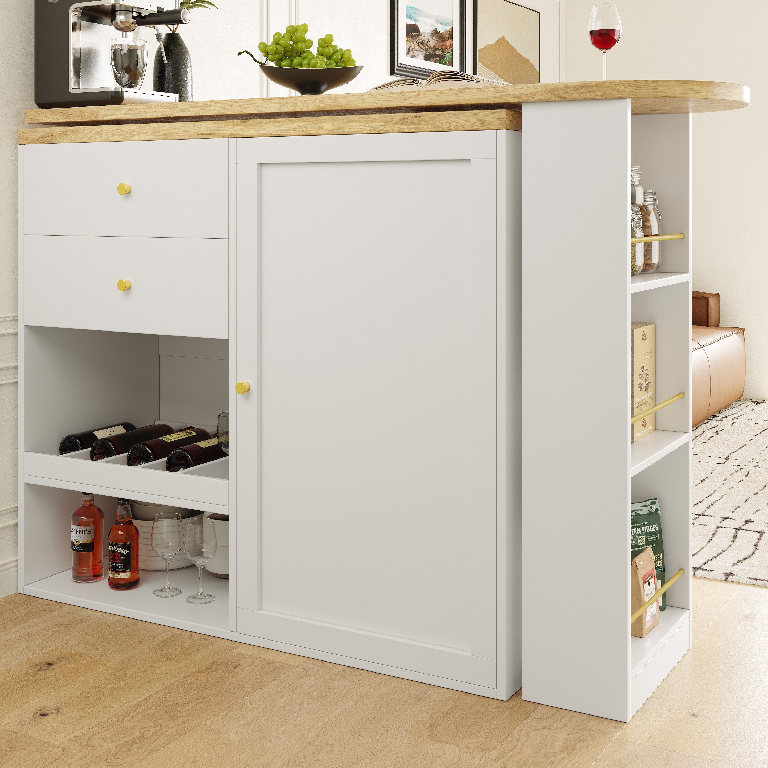 Flieks Bartisch 360° drehbar Stehtisch mit Kommode (Set, 2-St., für Esszimmer/Arbeitszimmer/Wohnzimmer), ausziehbar Esstisch Schrank mit Schubladen, Weinregal und Türablagen