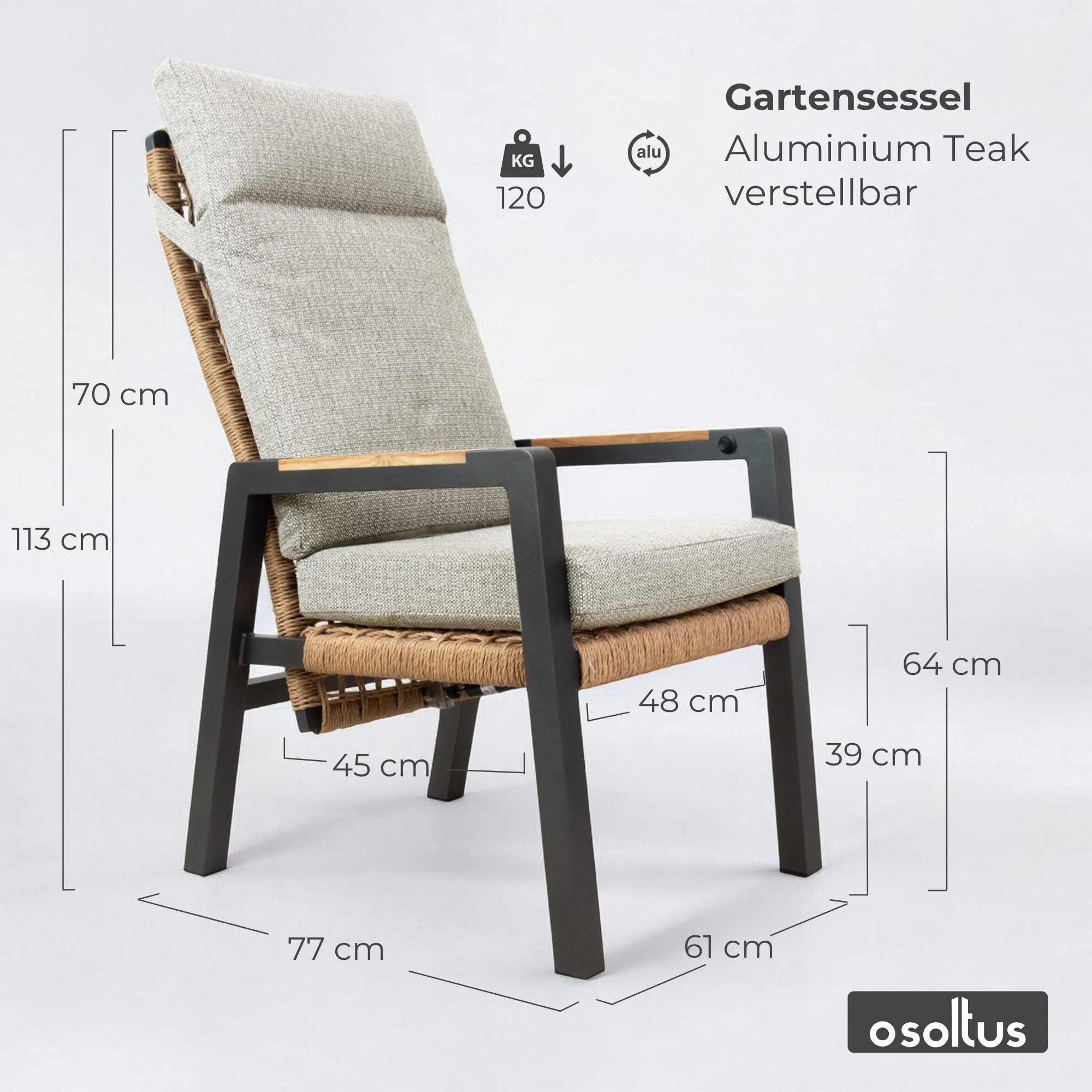 osoltus Gartenlounge-Sessel osoltus Vicenza Alu Teak Gartensessel verstellbar Sessel Anthrazit +