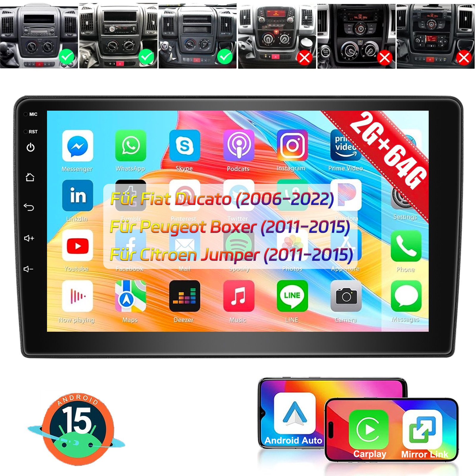ESSGOO 9'' Android 15 Für Fiat Ducato 2006-2023 DAB+ 4+64G Carplay GPS Navi Autoradio (RDS, FM, AM, DAB+ (optional), Wireless Apple Carplay & Android Auto,2 DIN,WiFi)