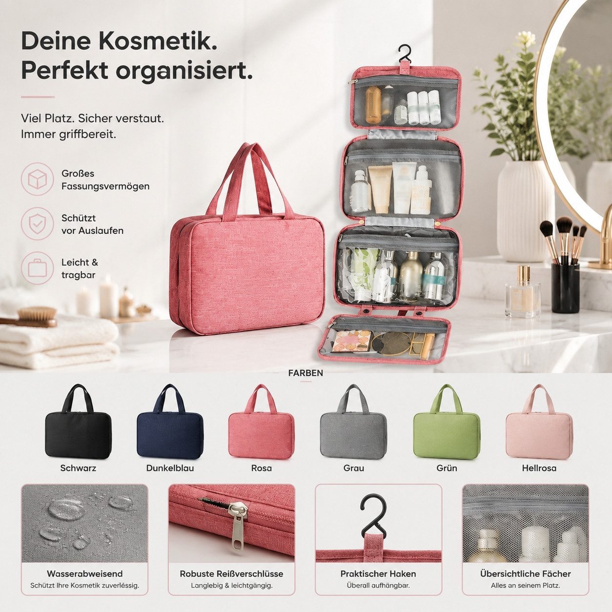 Jumpeak Kulturbeutel mehrfarbig,kompakt,Hautpflegeprodukte,Aufbewahrung,Kosmetiktasche (Spar-Set), langlebig,Kulturbeutel,Schutz,trocken,vielseitig,ReiseKosmetiktasche