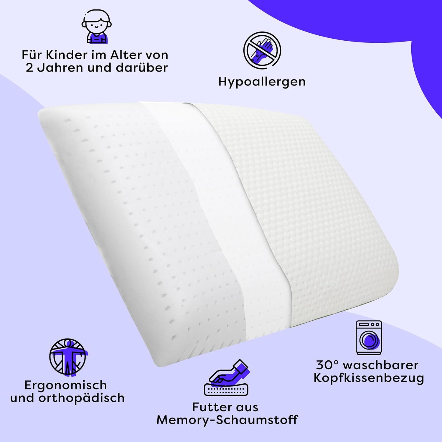Wolkenfeld Babykissen Eron Kinderkissen, Weiches und Atmungsaktives Kinderkopfkissen - Natürliches Memory Foam