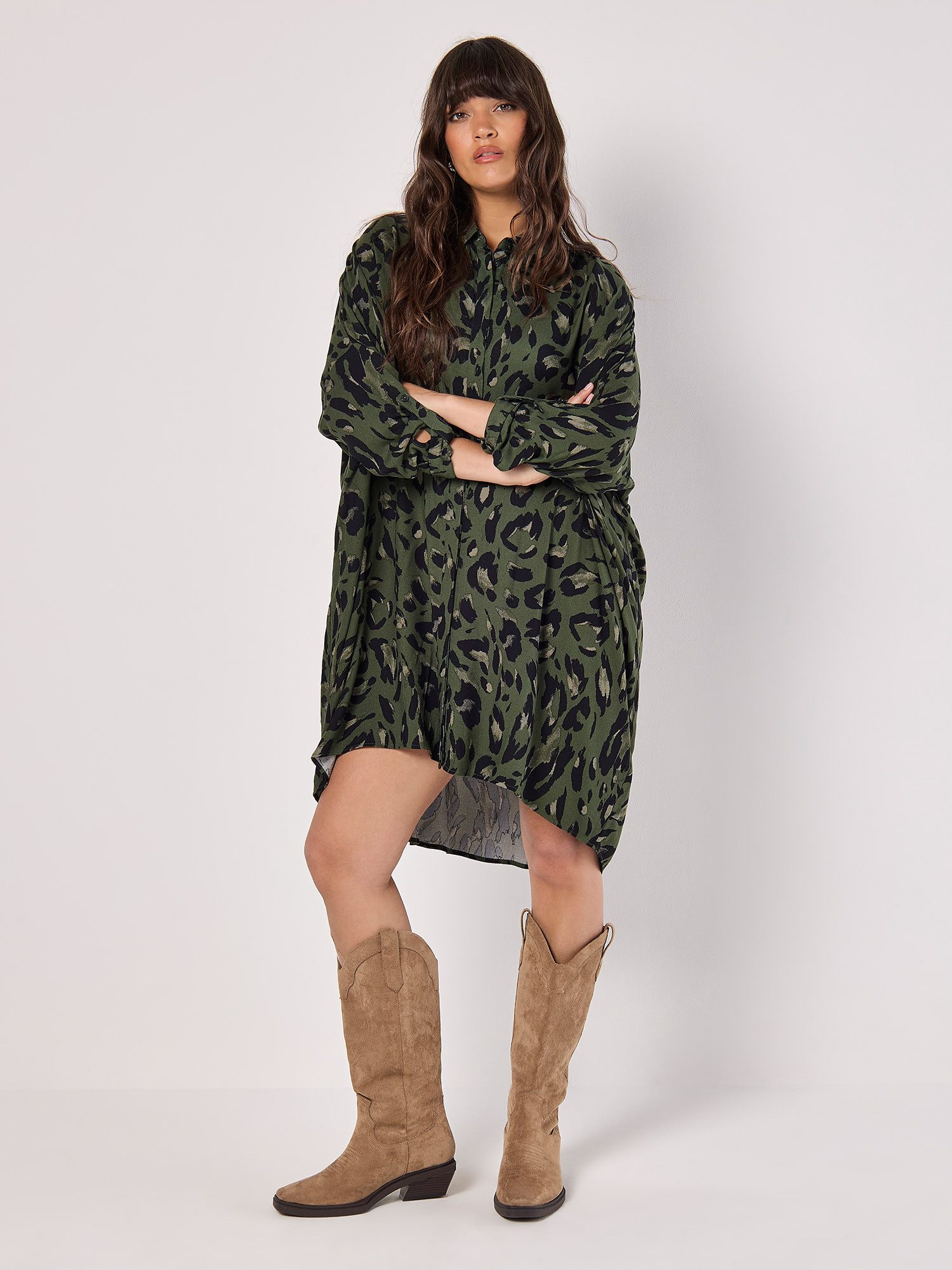 Apricot Druckkleid Animalprint Minikleid mit Krempelärmeln, mit verdeckter günstig online kaufen