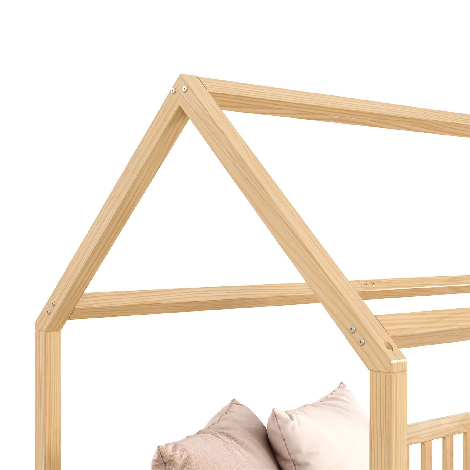 IDIMEX Kinderbett Hausbett rausfal und x Tipibett 200 natur Kiefer Bett NINA, Dach 90 mit Montessori
