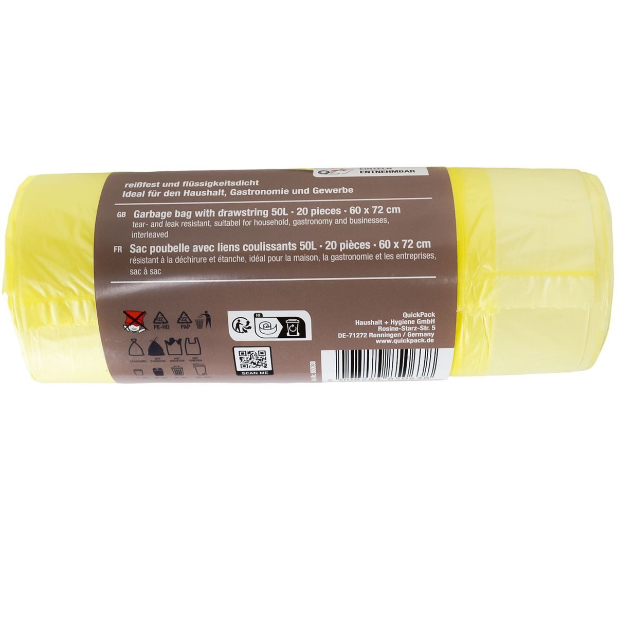 QuickPack Müllbeutel 20 Müllsäcke in Gelb 50L reißfest & flüssigkeitsdicht Folienbeutel, mit Zugband