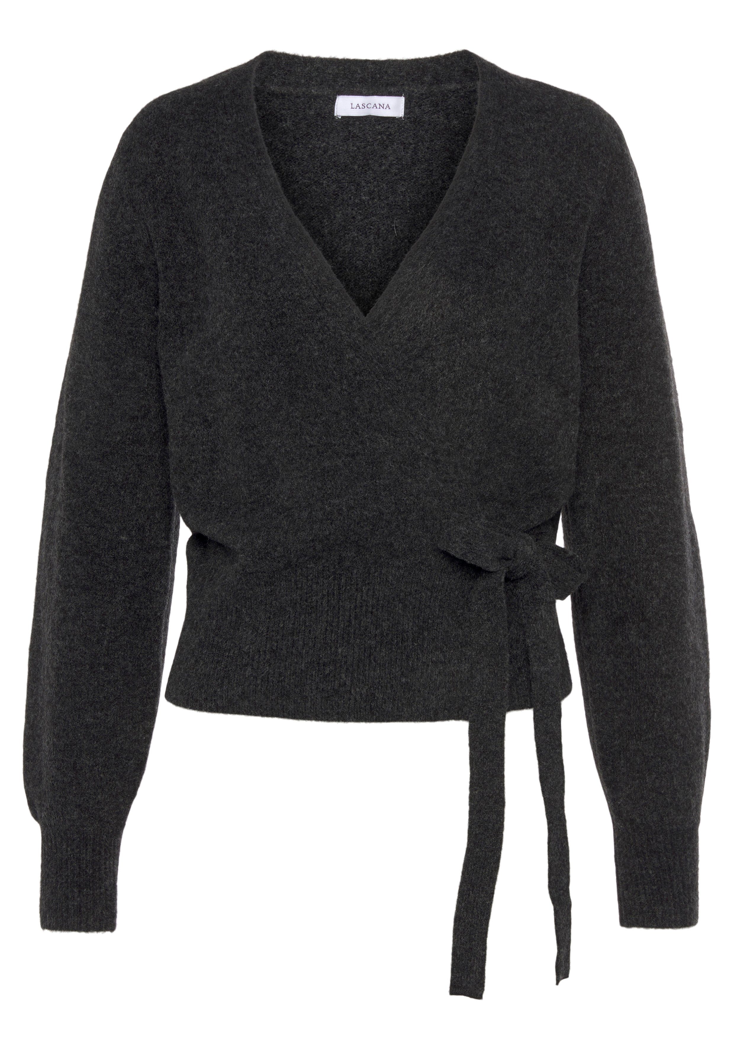 und Rippbündchen, LASCANA Anthrazit breitem -Strickjacke mit Wickelstrickjacke Loungewear Bindeband