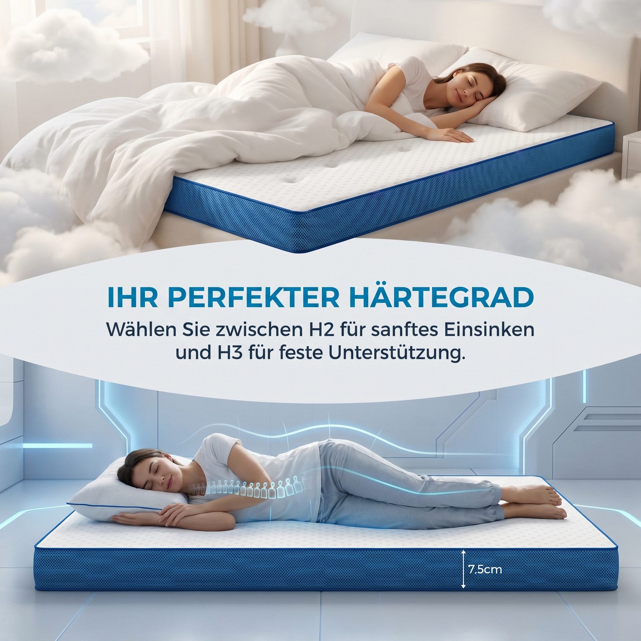 Totnz, Topper Gel Memory Foam Matratzentopper 90X200/120X200/140X200/160X200/180X200, 7.5 cm hoch, (waschbarer Bezug, OEKO‑TEX®-zertifiziert, atmungsaktiv & kühlend, rutschfest mit Gurten), für alle Matratzengrößen