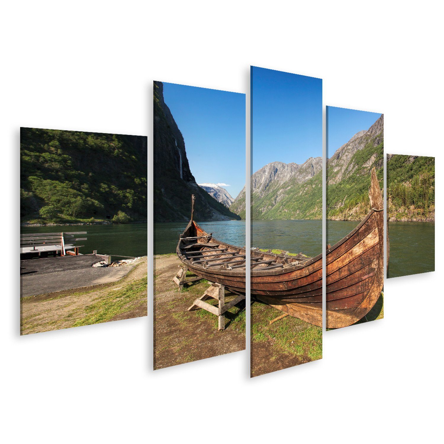 Leinwandbild Bild auf Leinwand Altes Wikingerboot Gudvangen Dorf bei Flam Norwegen