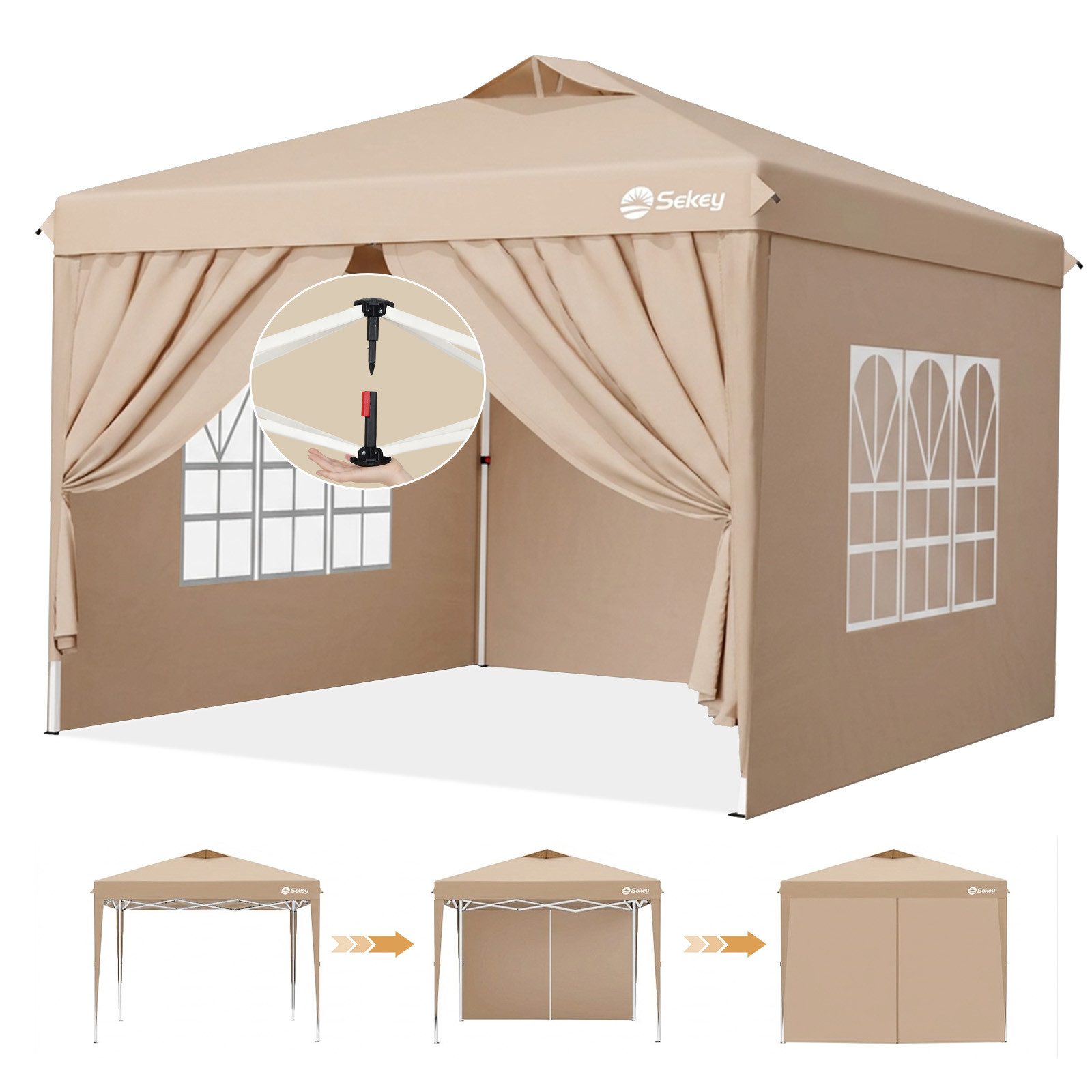 Sekey Pavillon 300 x 300 cm mit Seitenteile Faltpavillon Gartenpavillon Winterfest, mit 4 Seitenteilen, (inkl. 4 Seitenteile), Partyzelt höhenverstellbarer, Gartenpavillon Pop Up Partyzelt