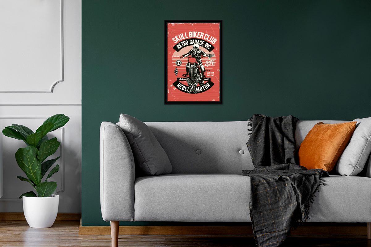 Gerahmtes Schwarzem Wandposter, MuchoWow Motorrad Bilder, - Wanddeko, Bilderrahmen - St), Totenkopf Poster, (1 - Vintage Zitat, Poster
