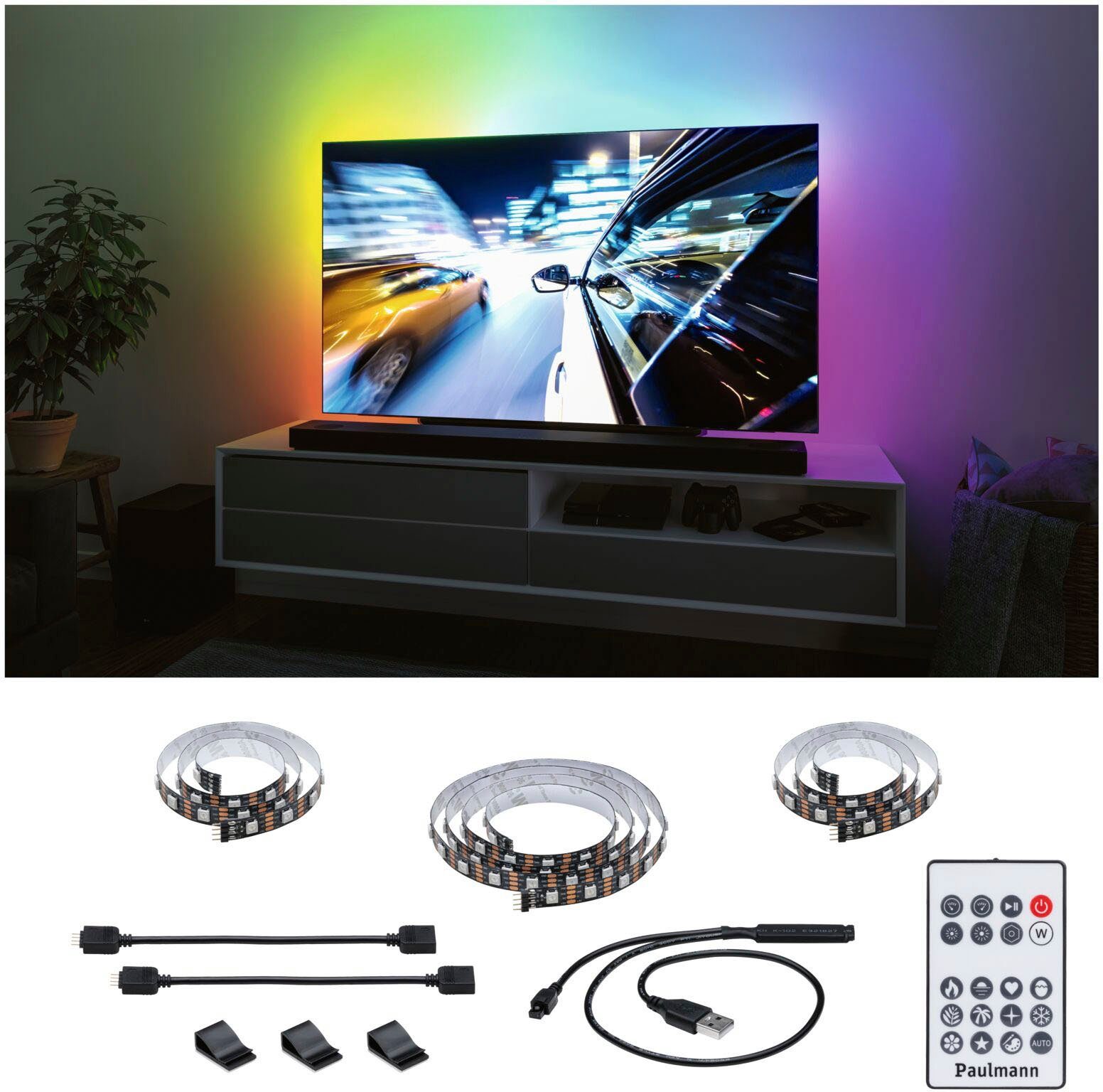 Solange der Vorrat reicht Paulmann LED-Streifen USB LED Dynamic Strip Zoll Rainbow 2m mit Farbwechselfunktion stimmungsvollen TV-Beleuchtung RGB 55 LED 3,5W, 1-flammig, Streifen