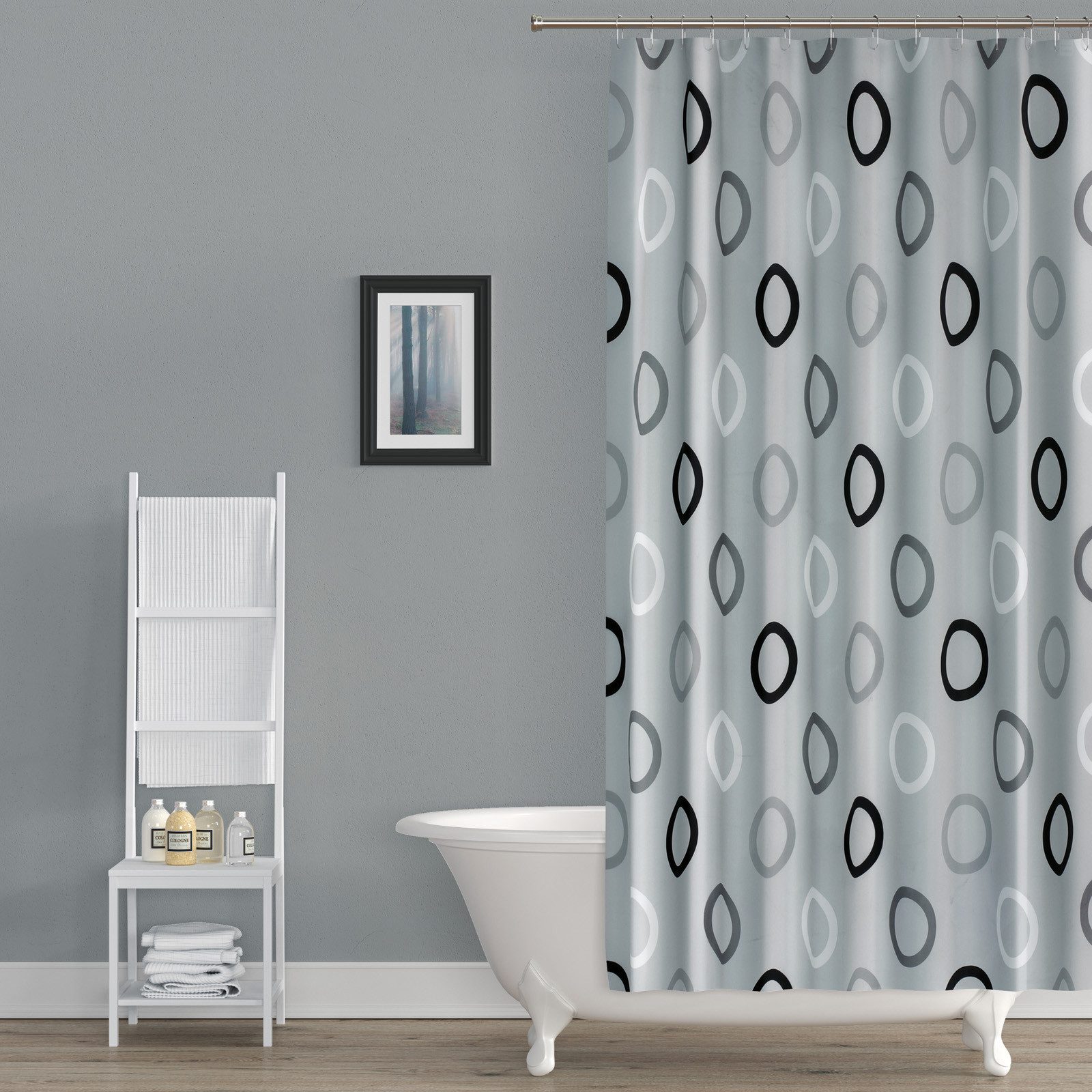 Ekershop Duschvorhang Textil Grau mit Weiß Schwarz Kreisen für Duschstange Breite 120 cm (inkl. Ringe), Höhe 200 cm, wasserabweisend, waschbar, bügelbar – Bild 4 von 5