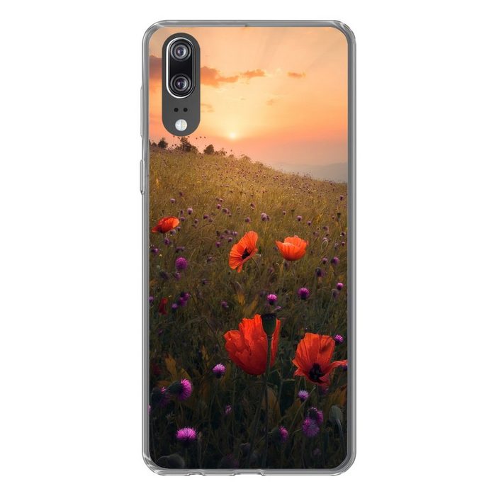 MuchoWow Handyhülle Blumenfeld - Gras - Pflanzen - Sonnenuntergang - Orange Handyhülle Huawei P20 Handy Case Silikon Bumper Case