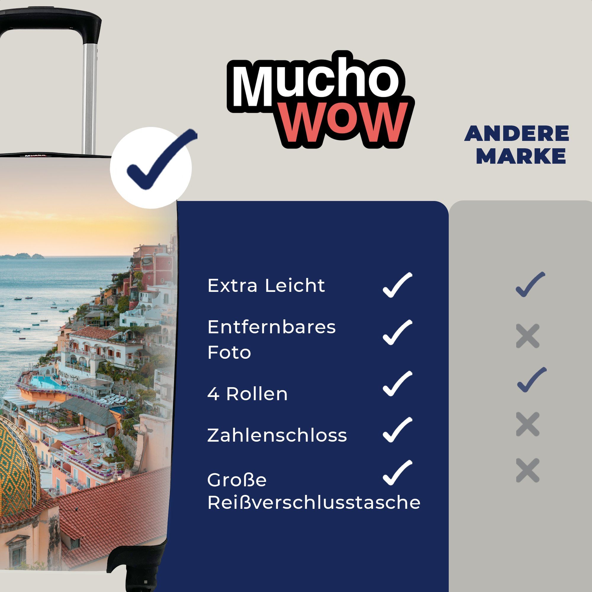 MuchoWow Handgepäckkoffer 4 für - mit Handgepäck Ferien, Positano Rollen, Trolley, Italien Reisetasche - Reisekoffer Meer, rollen