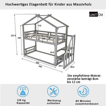 Ulife Etagenbett Kinderbett Holzbett mit Sicherheitstreppe 90x200cm, Etagenbettgestell aus Massivholz mit Lattenrost