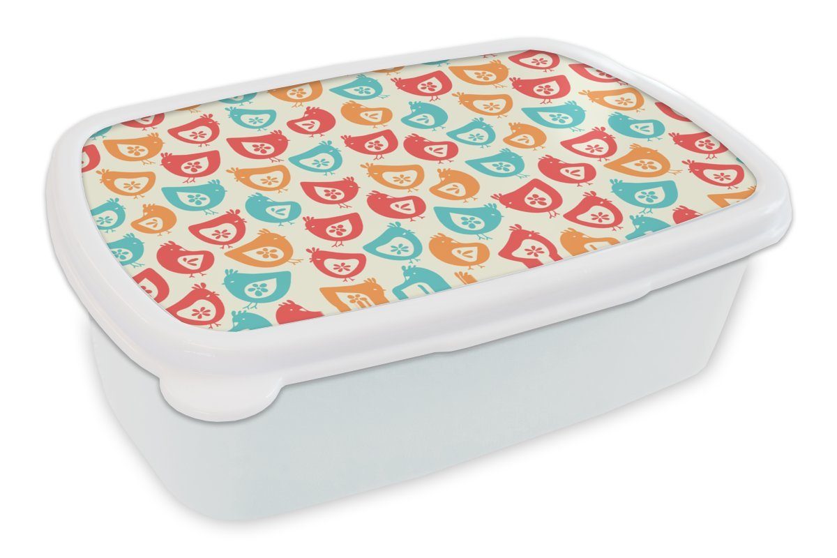 MuchoWow Lunchbox Huhn - Muster - Blumen, Kunststoff, (2-tlg), Brotbox für Kinder und Erwachsene, Brotdose, für Jungs und Mädchen weiß