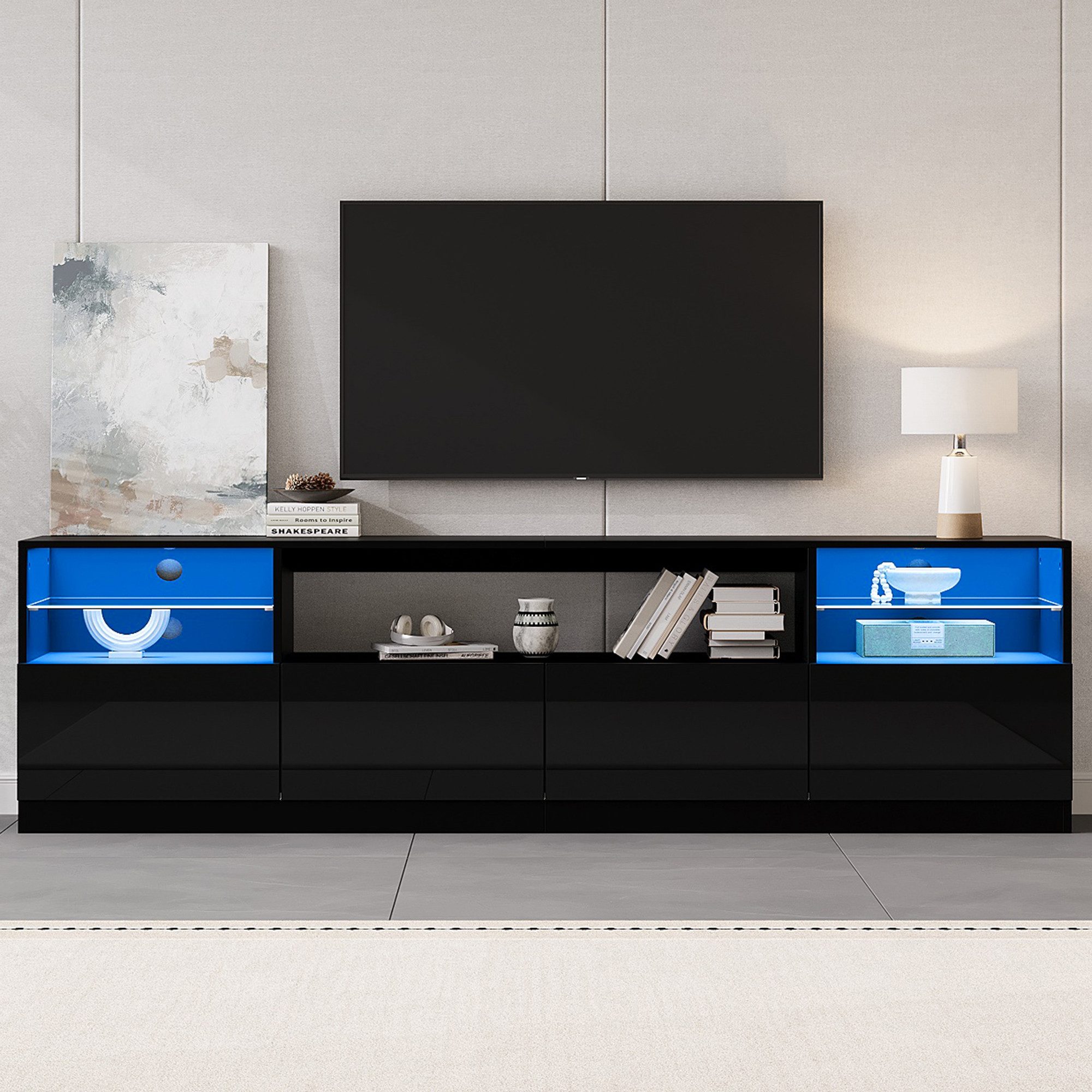 Celya TV-Schrank offener Schrank mit LED-Beleuchtung (mit 4 Flügeltüren, 8 Stauräume und Hochglanz-Schrank) für Fernseher bis zu 75 Zoll, für Wohnzimmer, Esszimmer
