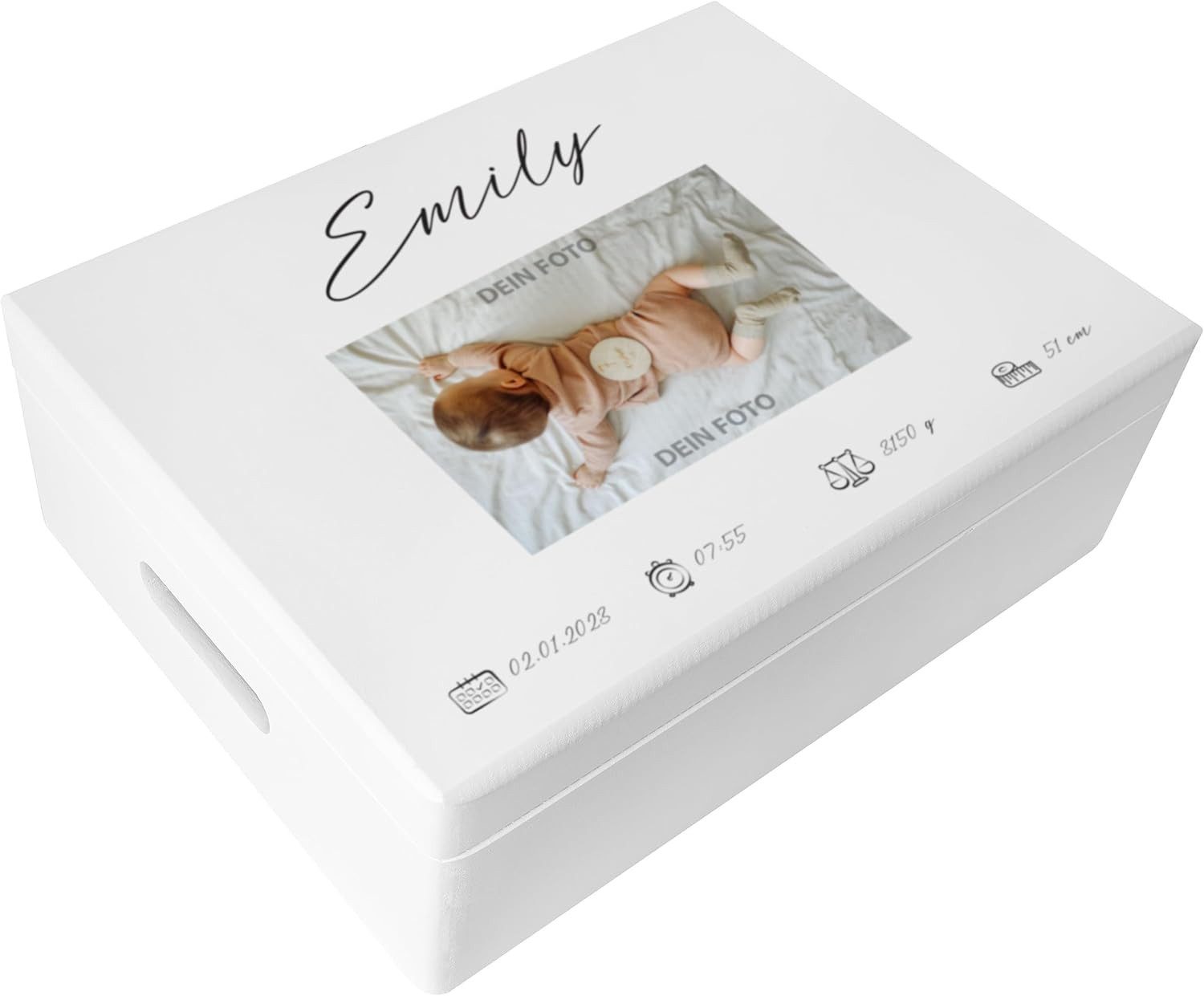 Creative Deco Holzkiste Erinnerungsbox Baby Weiß, 40x30x14 cm, Wunschtext