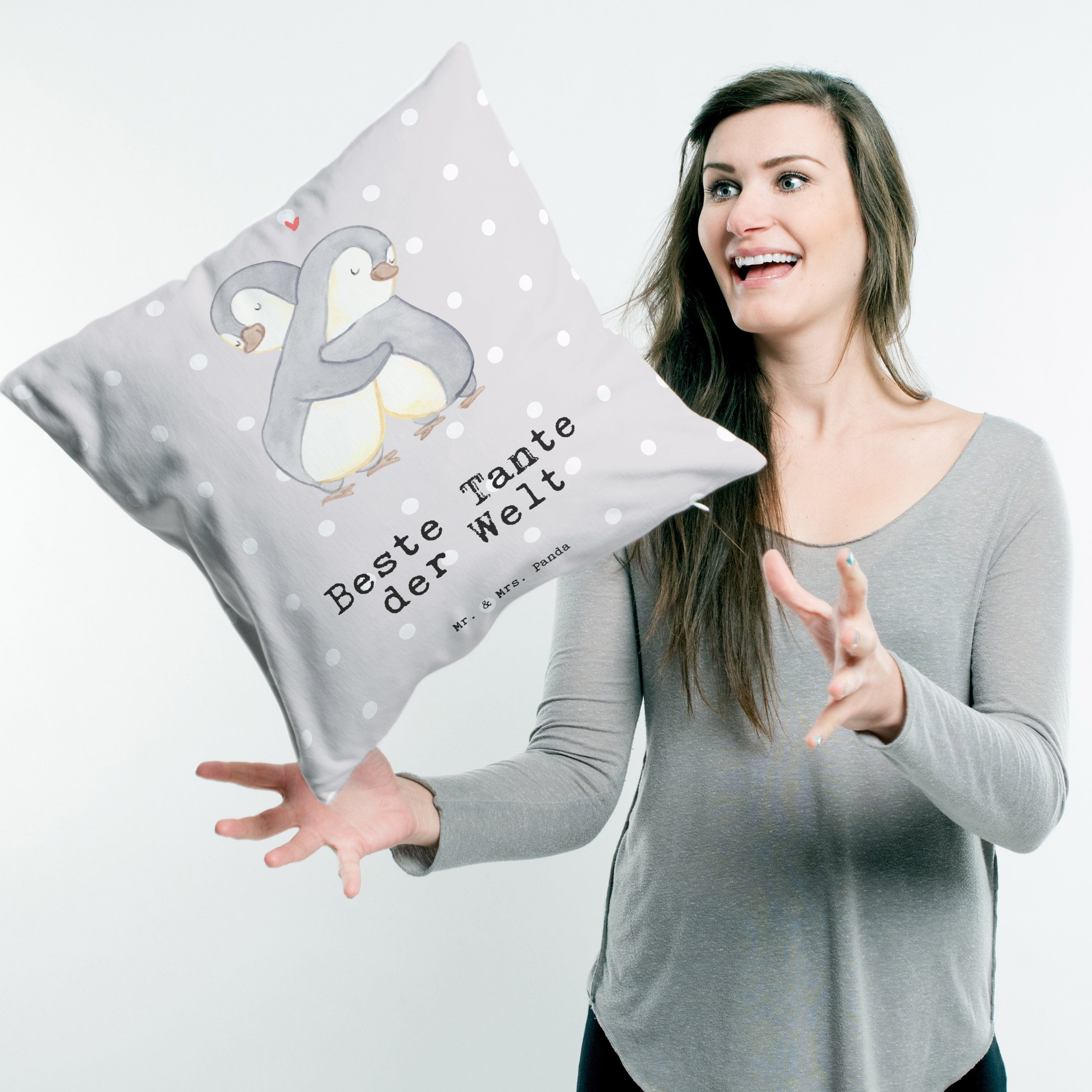 Geschenk, - der Kissenhülle Mr. Panda Tante Welt & Beste Dekokissen Pinguin - Grau Mrs. Pastell