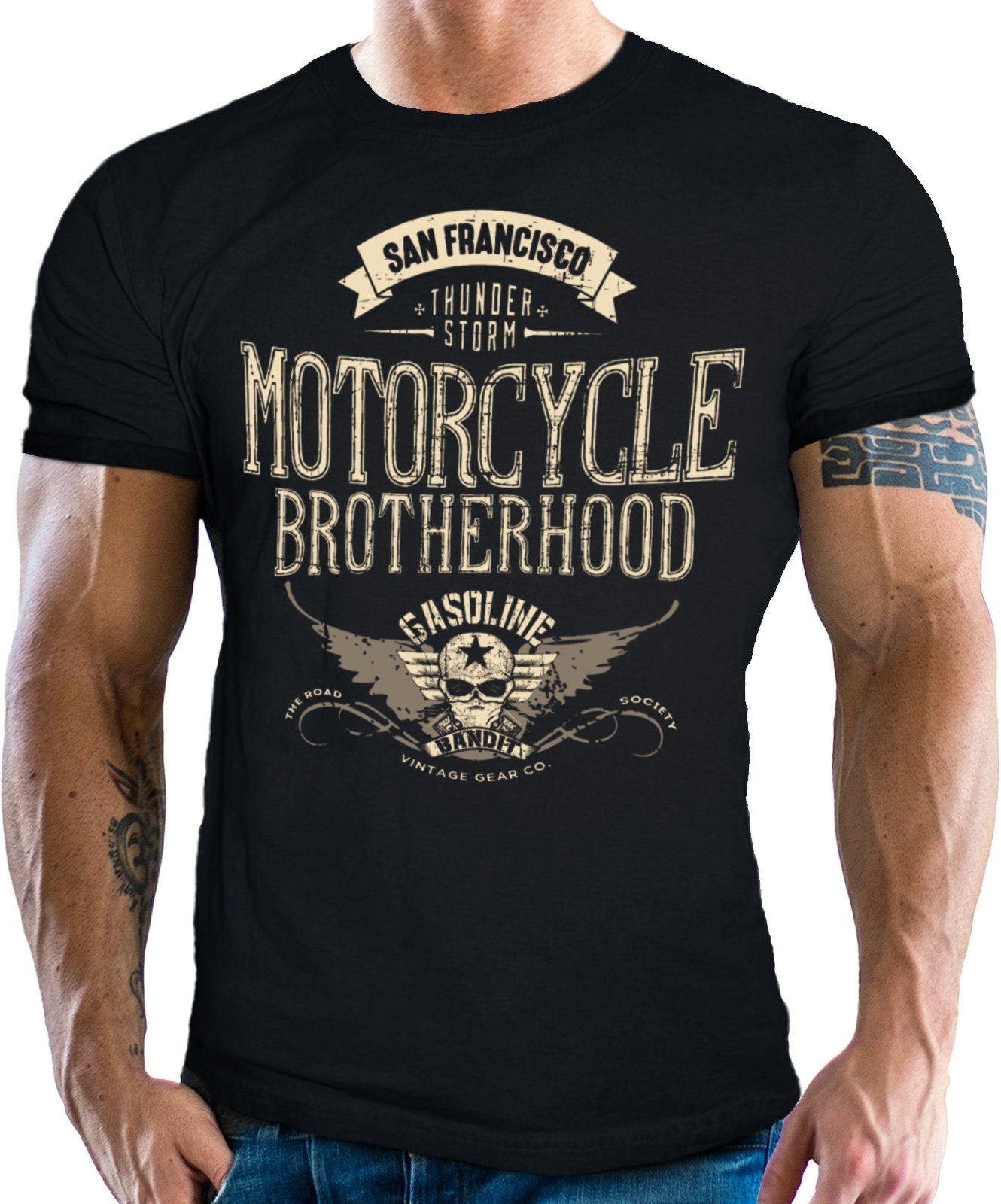 BANDIT® old und GASOLINE Biker School für Motorradfahrer: Motorcycle T-Shirt Brotherhood