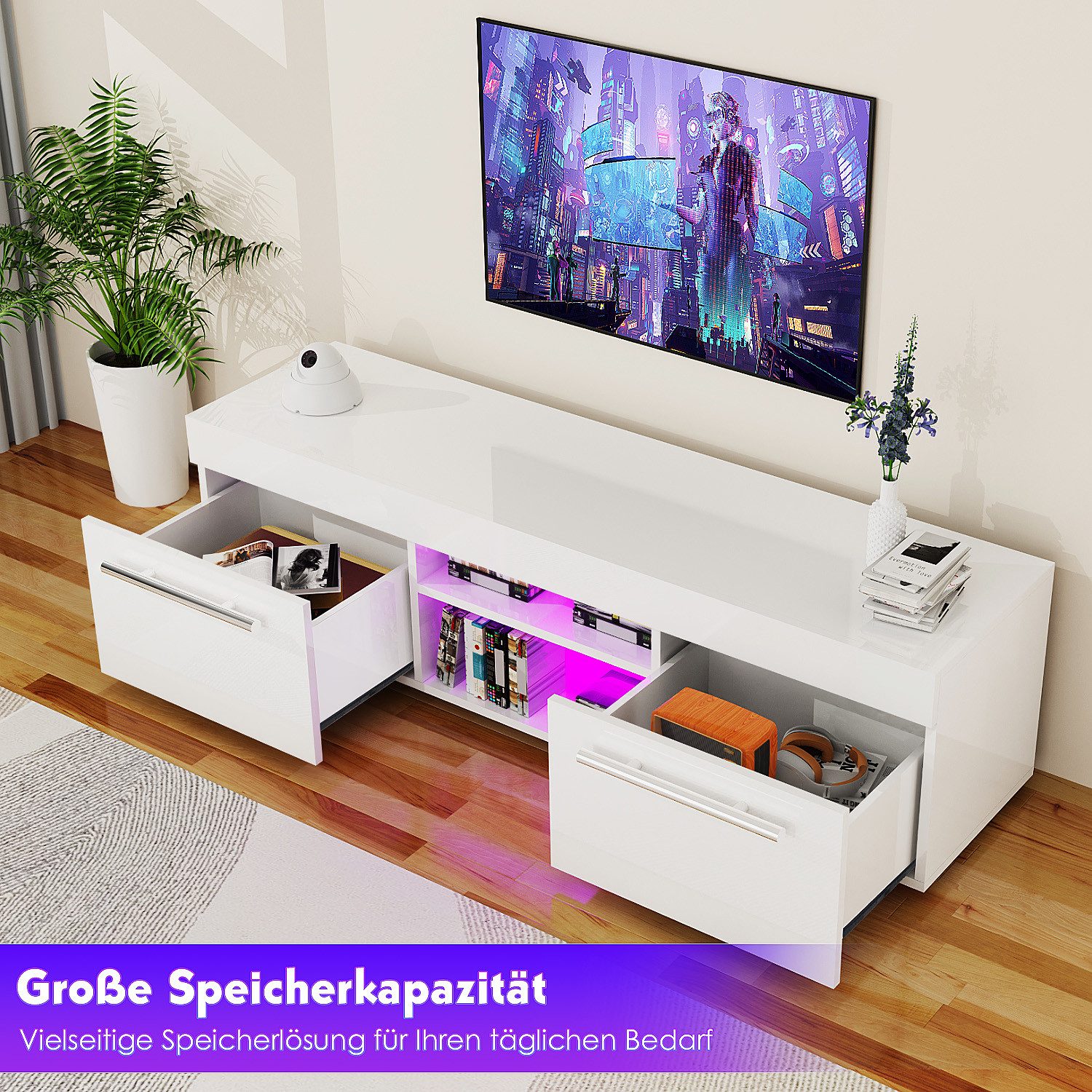 oyajia TV-Schrank Hochglanz TV-Schrank, 130cm Lowboard RGB-Beleuchtung mit 2 Schubladen (Moderne Unterhaltung TV-Board mit 2 offenes Regalfach, Viel Stauraum) T – Bild 5 von 5