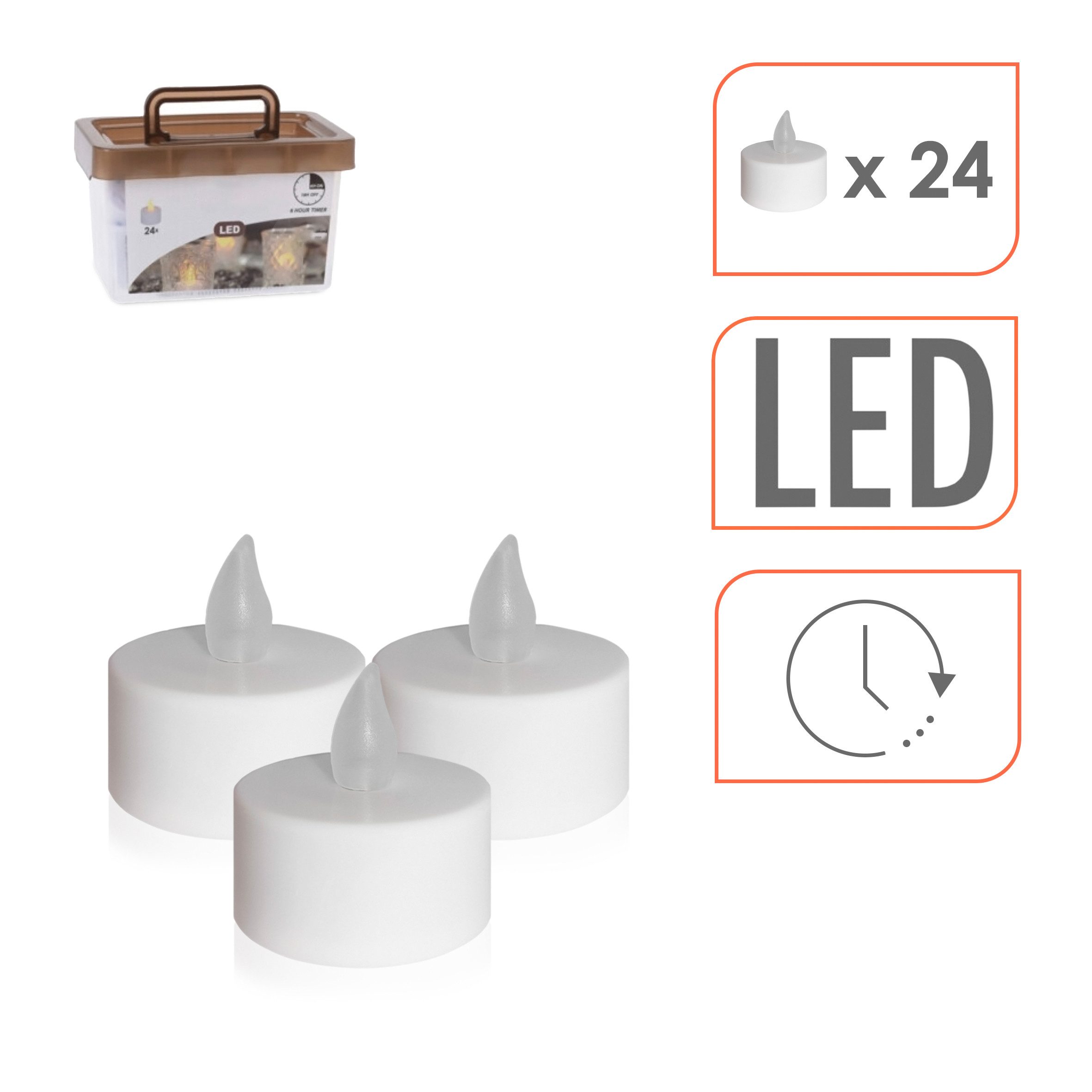 Spetebo Teelicht LED warm weiß mit Flackereffekt und Timer (24er Set, 1-tlg., mit praktischer Aufbewahrungsbox), mit 2 Funktionen: AN mit Timer