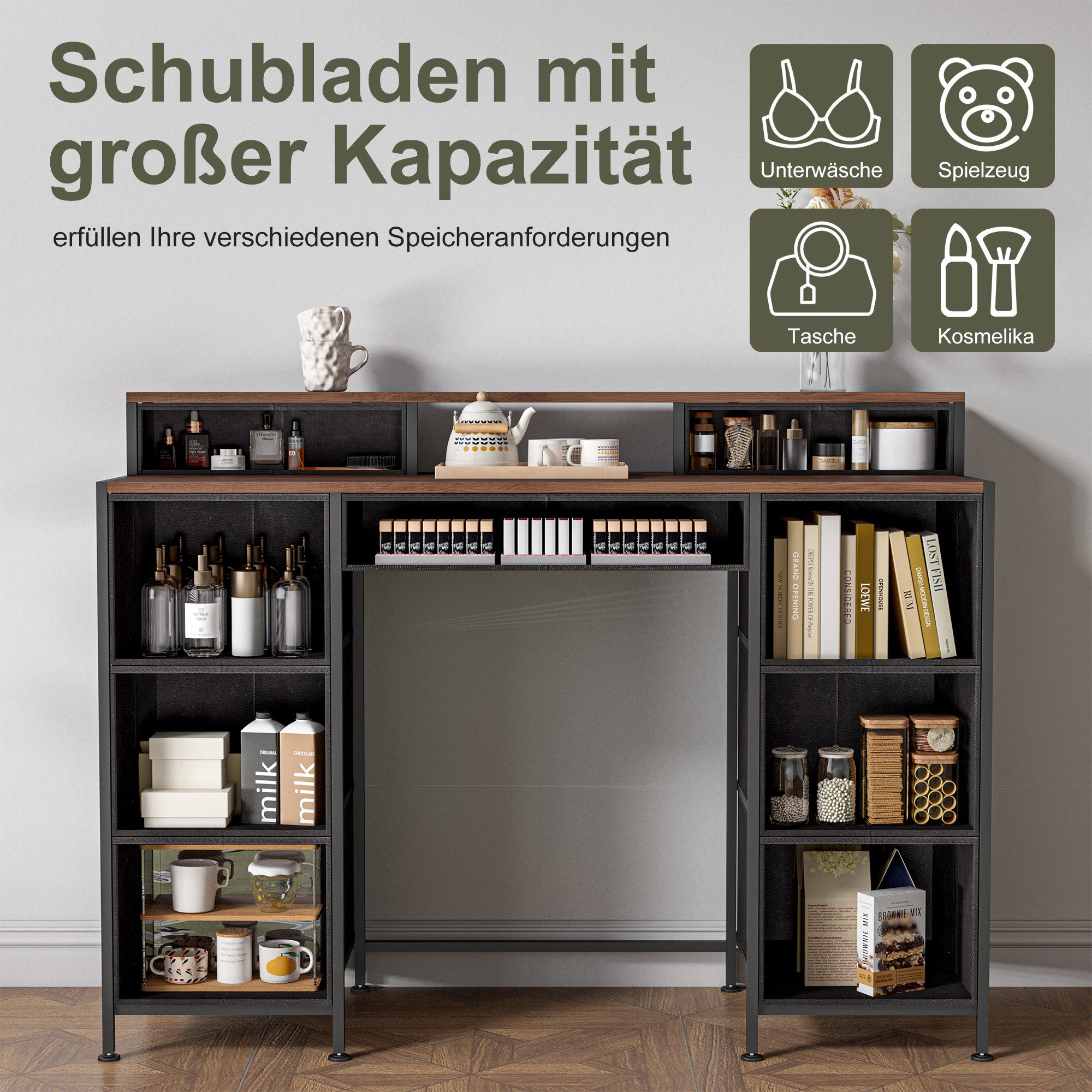Yelenaro Schminktisch Frisiertisch Mit 9 Schubladen Kosmetiktisch Kommode - Metallrahmen (Set, 1-St), 121x40x91.2 cm,mit Kippschutzvorrichtung,Bedruckte Schubla – Bild 4 von 5