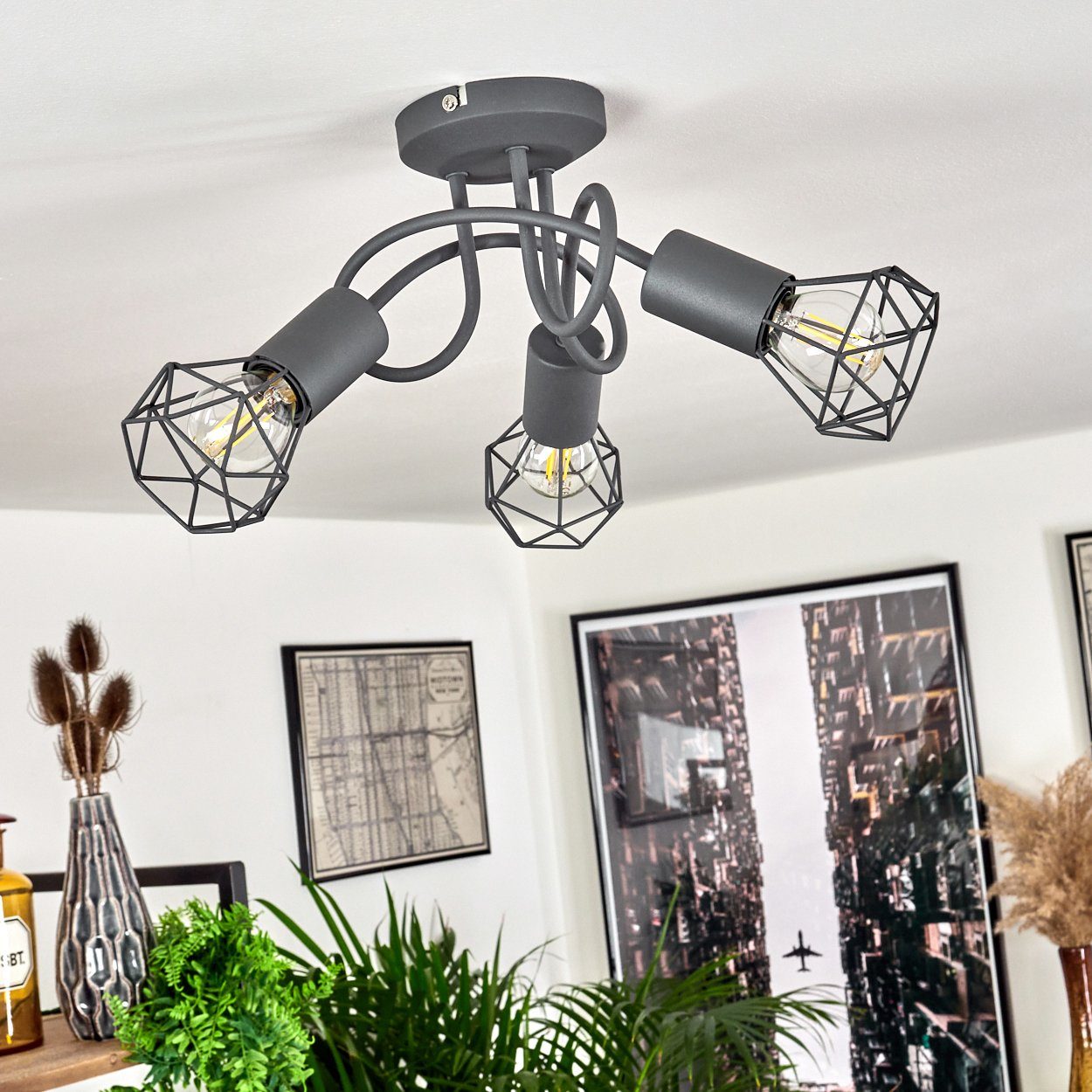 hofstein Deckenleuchte »Borio« runde Deckenlampe im Industrial Design aus Metall in Grau, ohne Leuchtmittel, moderne Leuchte mit Schirmen in Gitter-Optik u. Lichteffekt, 3xE14