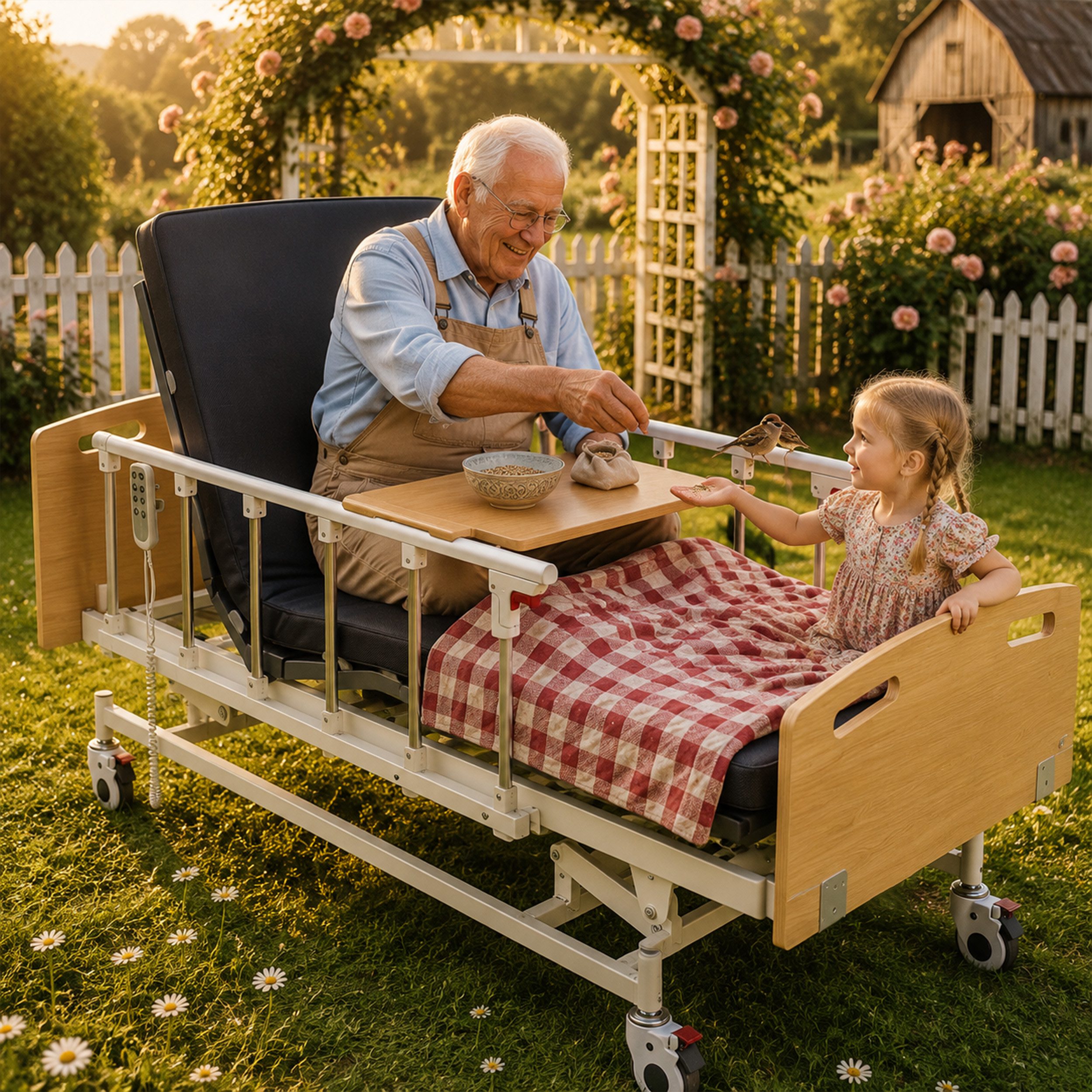 Vankel Bett Elektrisches Pflegebett mit 4 Funktionen, Matratze & max.205kg (Seitenschutz und Lattenrost inklusive, elektrisch verstellbar), mit Fernbedienung, Seitengittern, Tischplatte & Infusionsständer