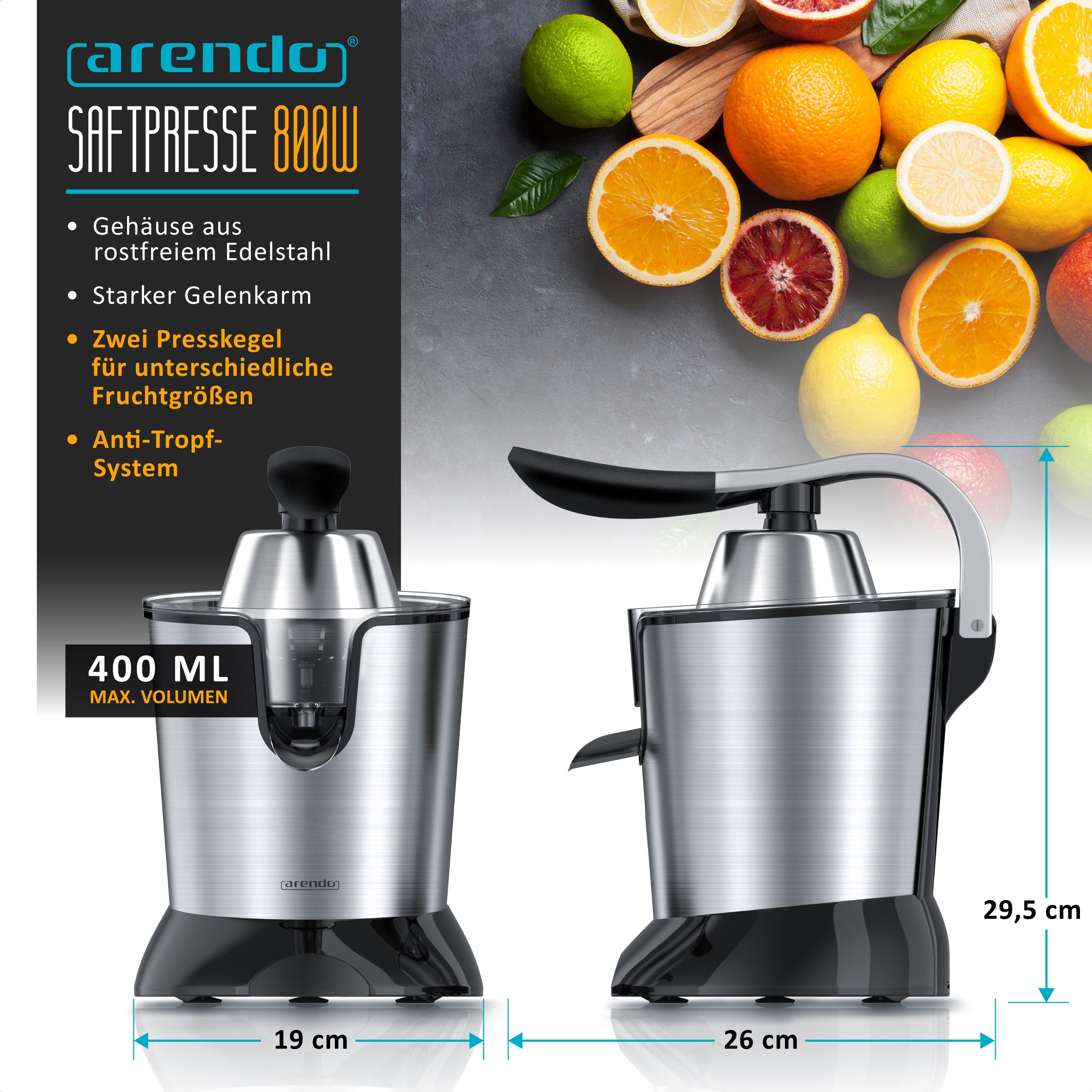 Arendo Entsafter Edelstahl Zitronenpresse, Orangenpresse Limettenpresse, 800 W, 0,4L Behälter, 2 Presskegel, Tropfstopp, spülmaschinengeeignet, leise