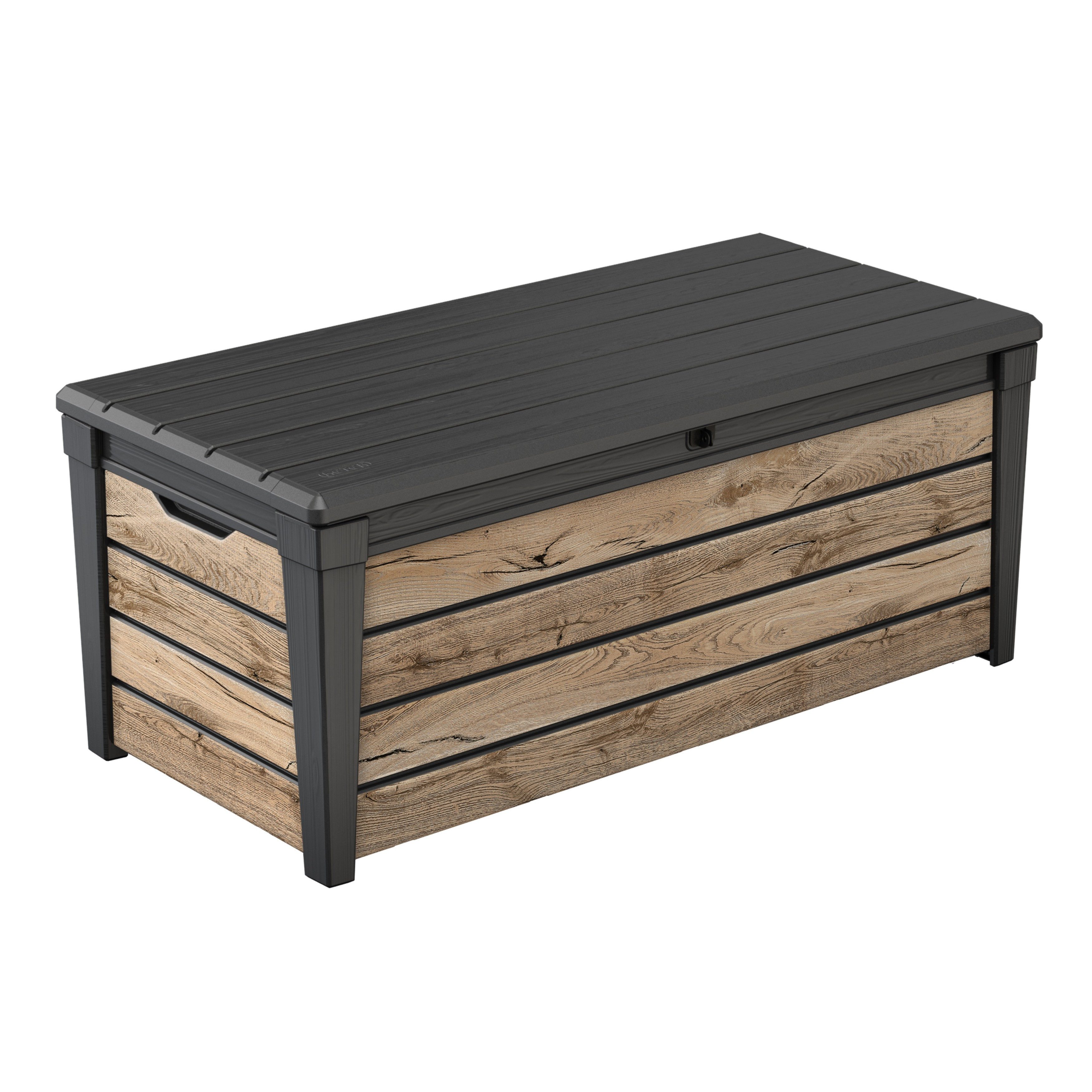 Keter Gartenbox Brightwood, 454 Liter, hochwertige Auflagenbox in Holzoptik Pinie, als Sitzgelegenheit nutzbar, mit Gasdruckfedern, abschließbar